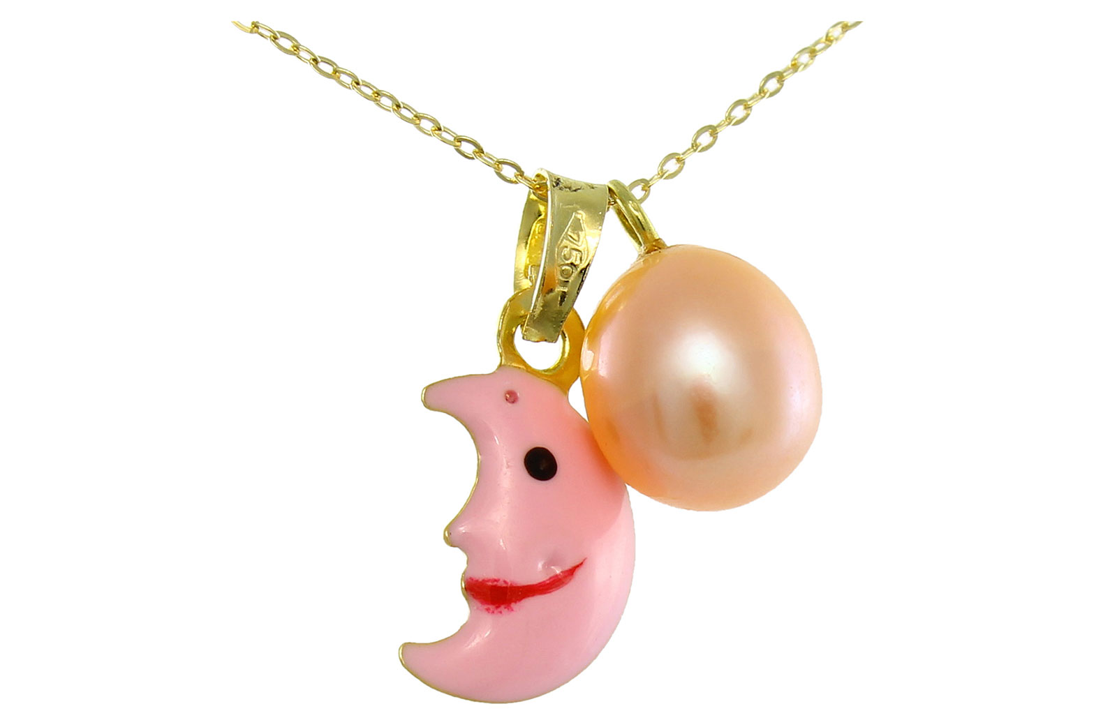 Vera Perla  18K Solid Gold Multicolor Crescent and Pearl Pendants Necklace