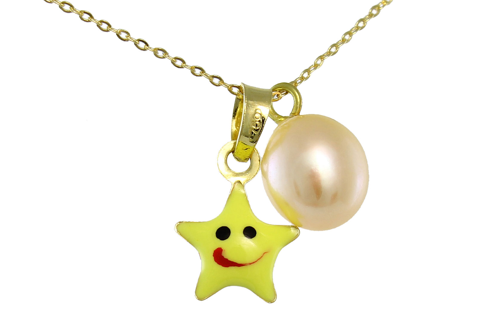 Vera Perla  18K Solid Gold Multicolor Star and Pearl Pendants Necklace