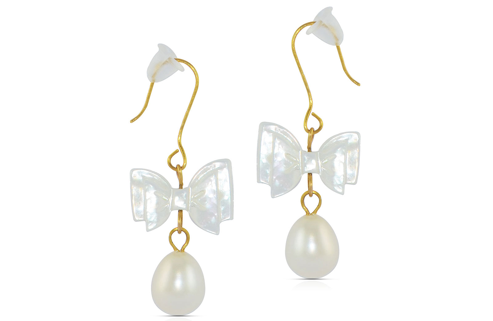 Vera Perla 10K Gold  Pearl and Bow MOP Delicate Earrings