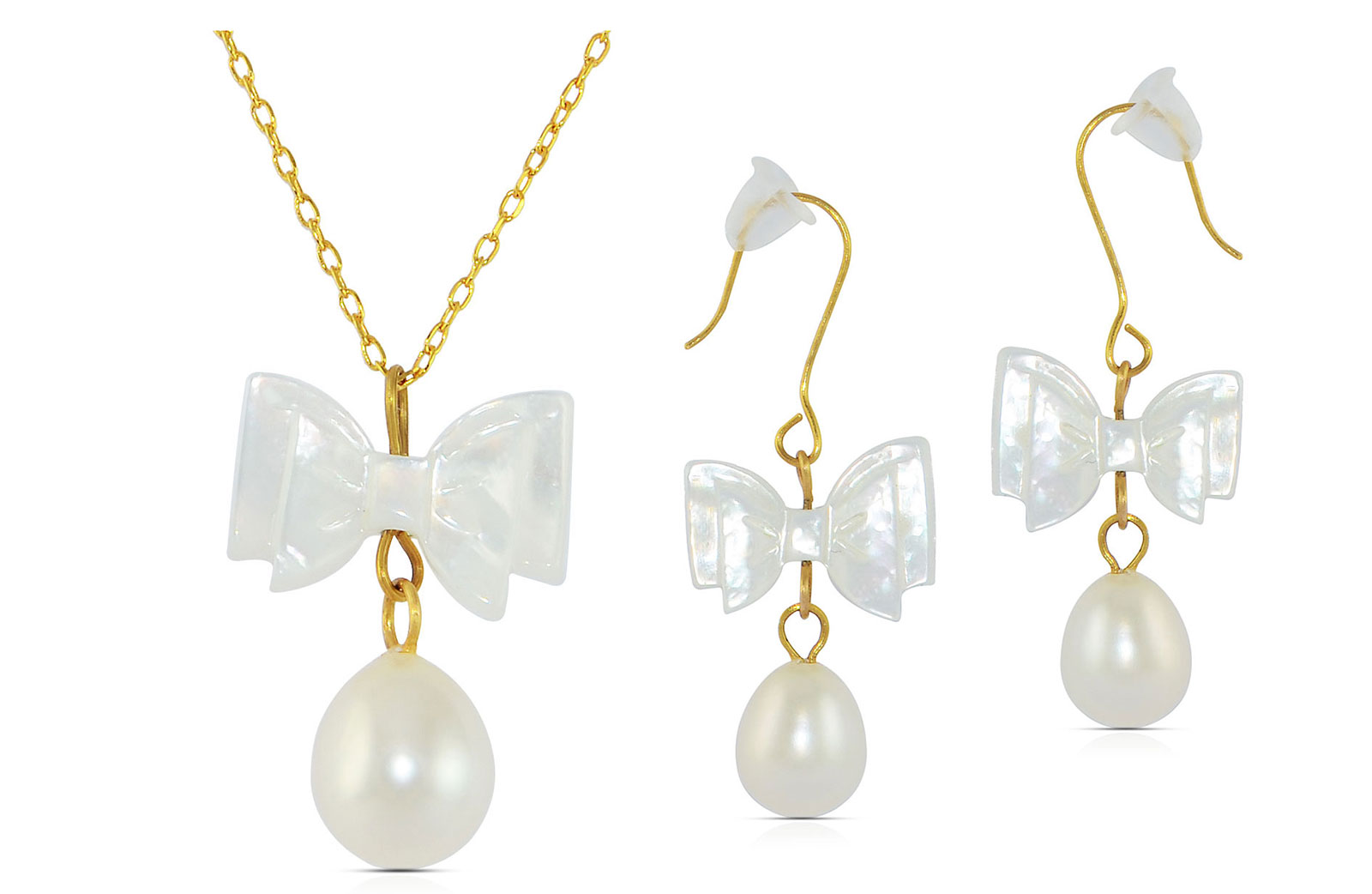 Vera Perla 10K Gold  Pearl and Bow MOP Delicate Jewelry Set