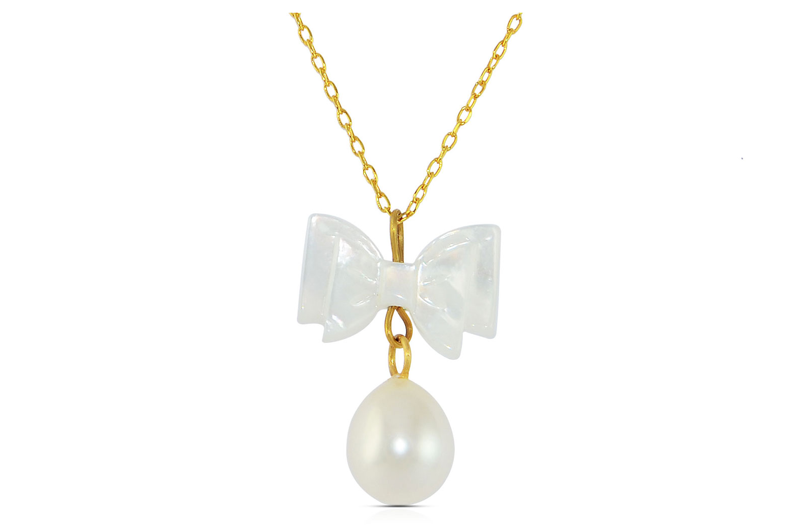 Vera Perla 10K Gold  Pearl and Bow MOP Delicate Necklace
