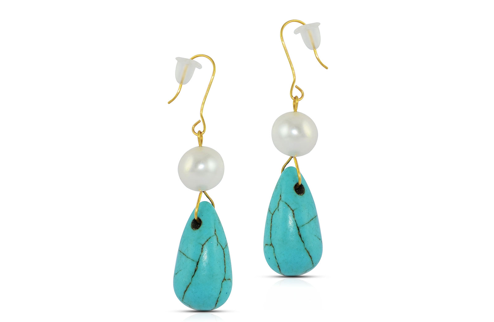 Vera Perla 10K Gold  Pearl and Turqoise Delicate Earrings