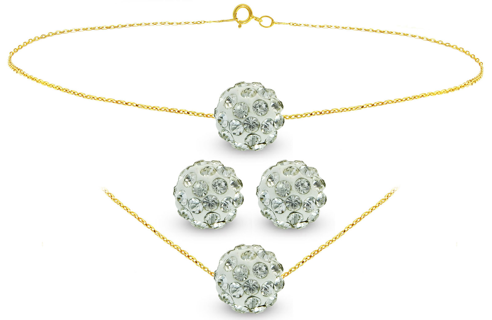 Vera Perla 10k Gold, 10mm Crystal Balls Necklace, Bracelet & Earrings