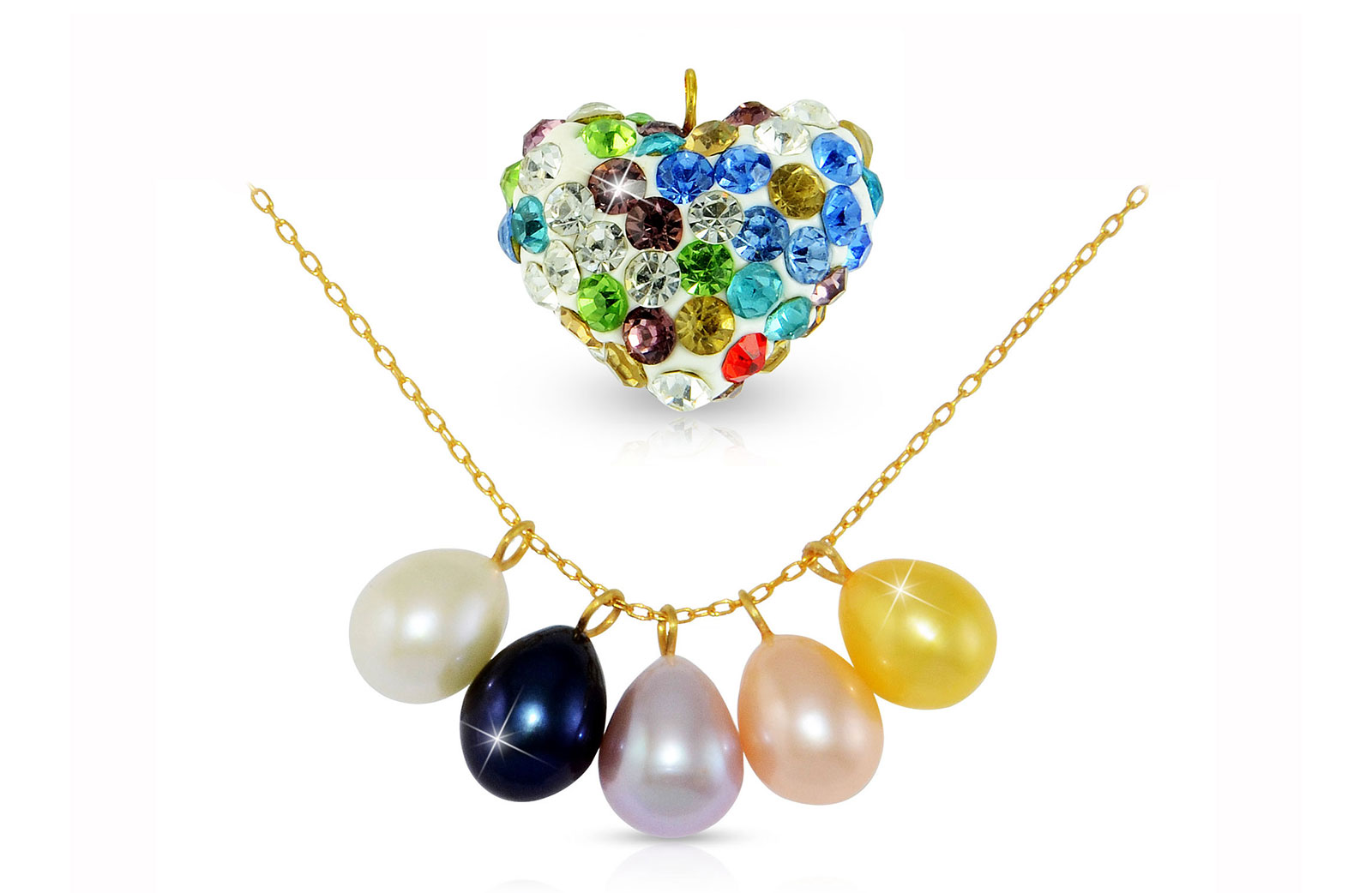 Vera Perla 10K Gold 5-in-1 Pearl Necklace with Crystal Heart Pendant