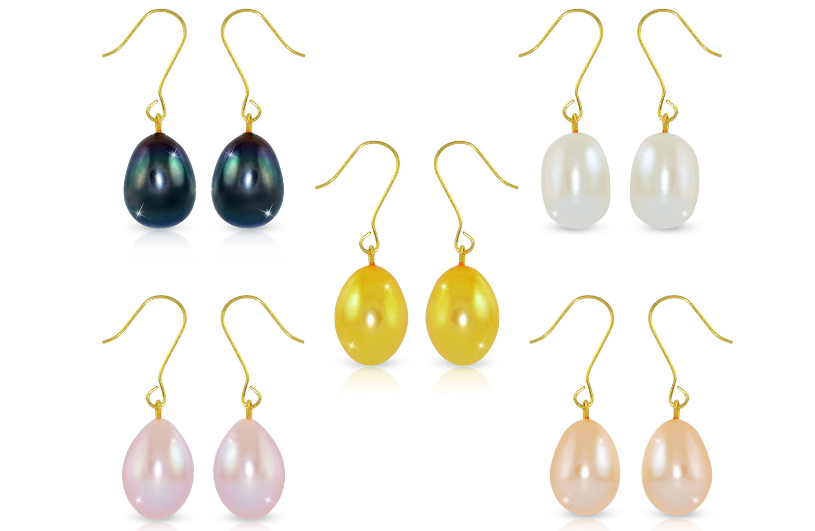 Vera Perla 10K Gold 5 Pairs Multicolor 9-10mm  Big Pearls Earrings