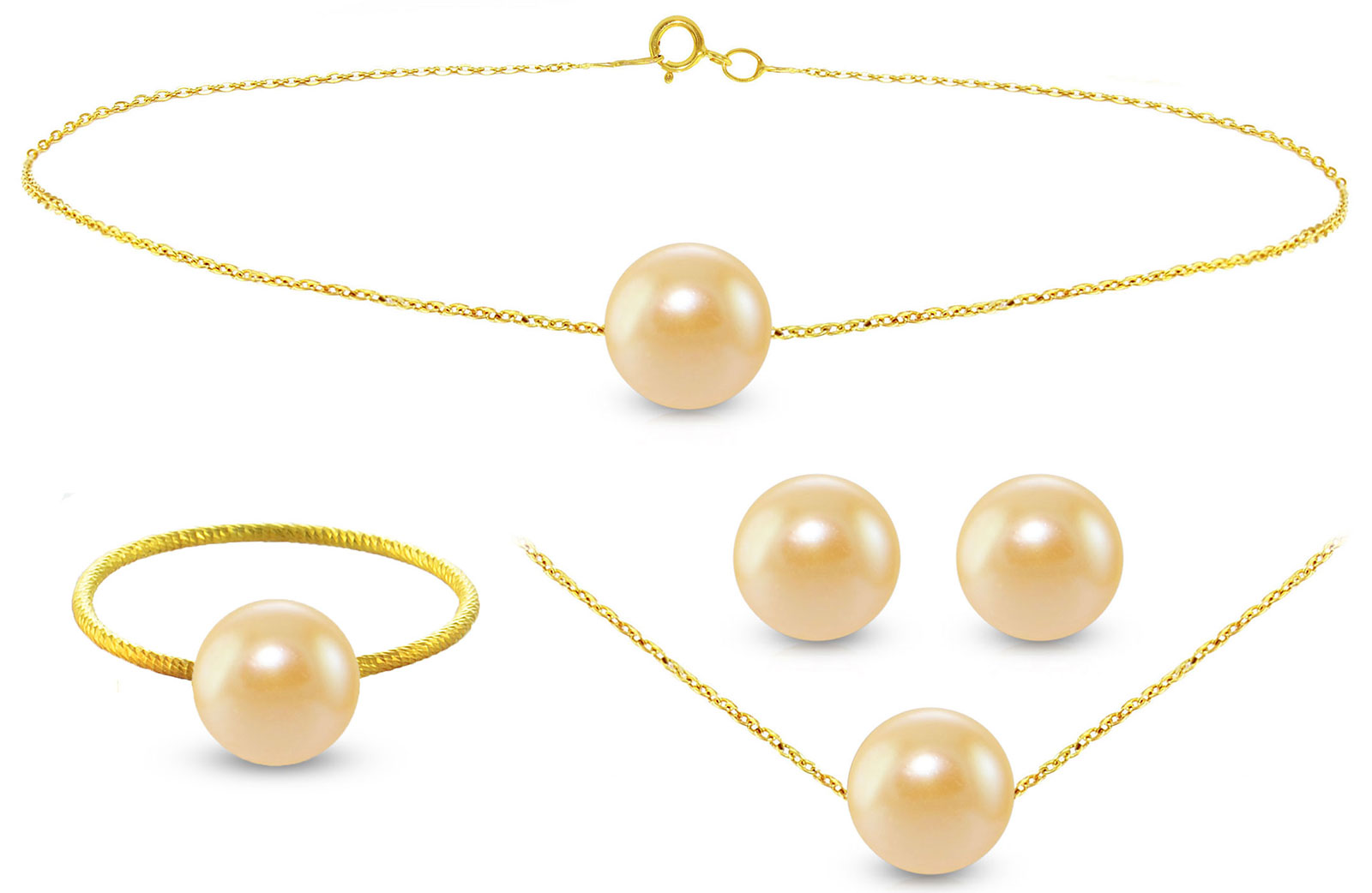 Vera Perla 10k Gold, 7mm Pink Pearls Necklace, Bracelet, Ring & Earrings