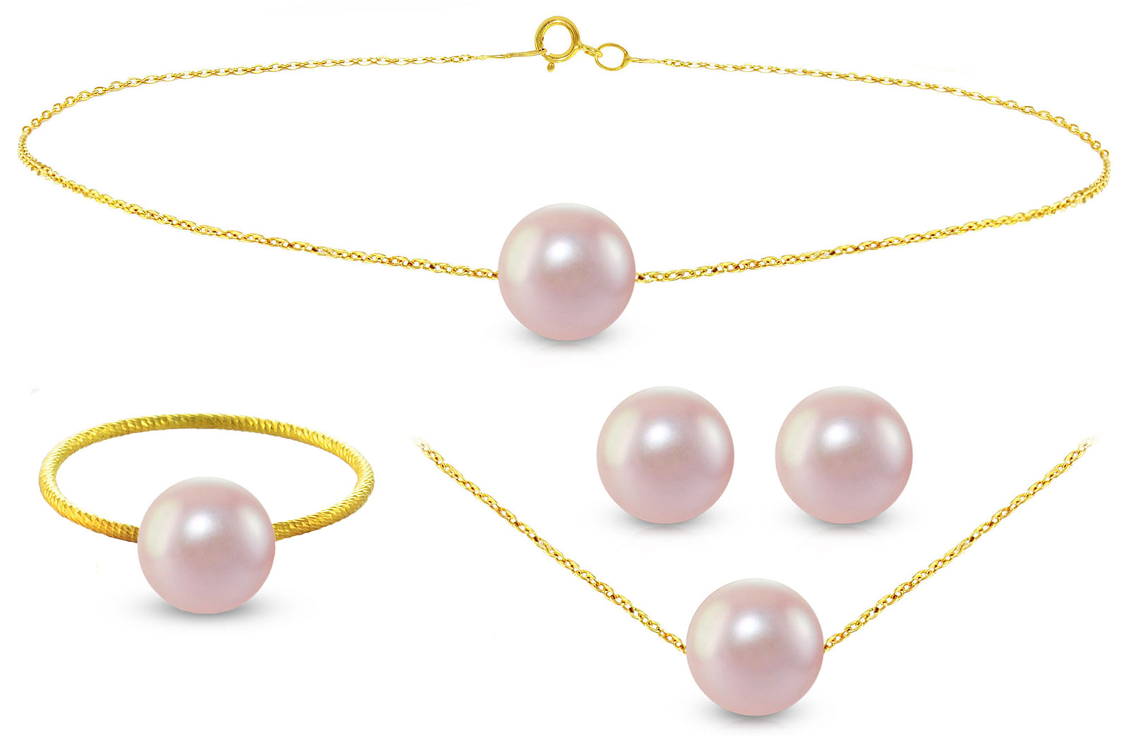Vera Perla 10k Gold, 7mm Purple Pearls Necklace, Bracelet, Ring & Earrings