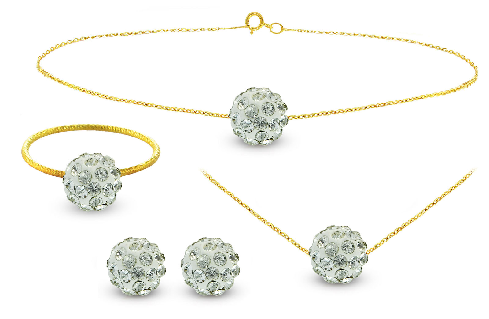 Vera Perla 10k Gold, 8mm Crystal Balls Necklace, Bracelet, Ring & Earrings