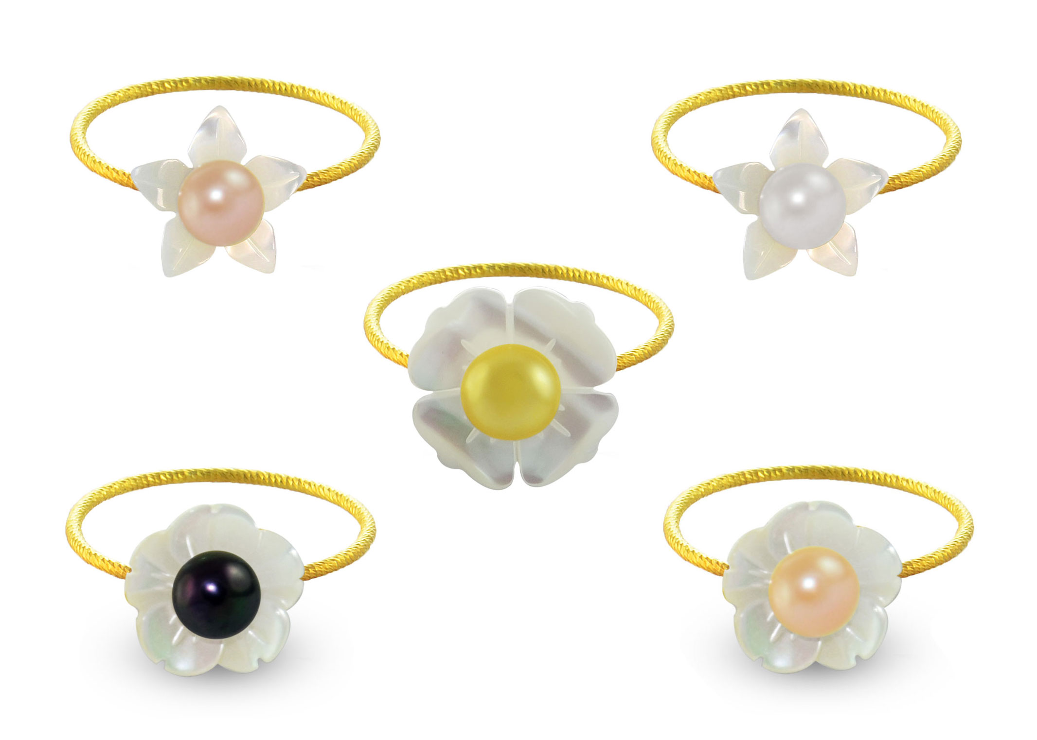 Vera Perla 10k Gold, Delicate 4-5mm Pearl Flower Shell 5 pcs Ring Set