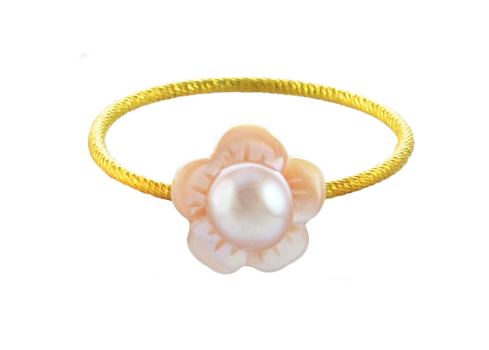 Vera Perla 10k Gold, Delicate 4mm Pink Pearl Flower Shell Ring