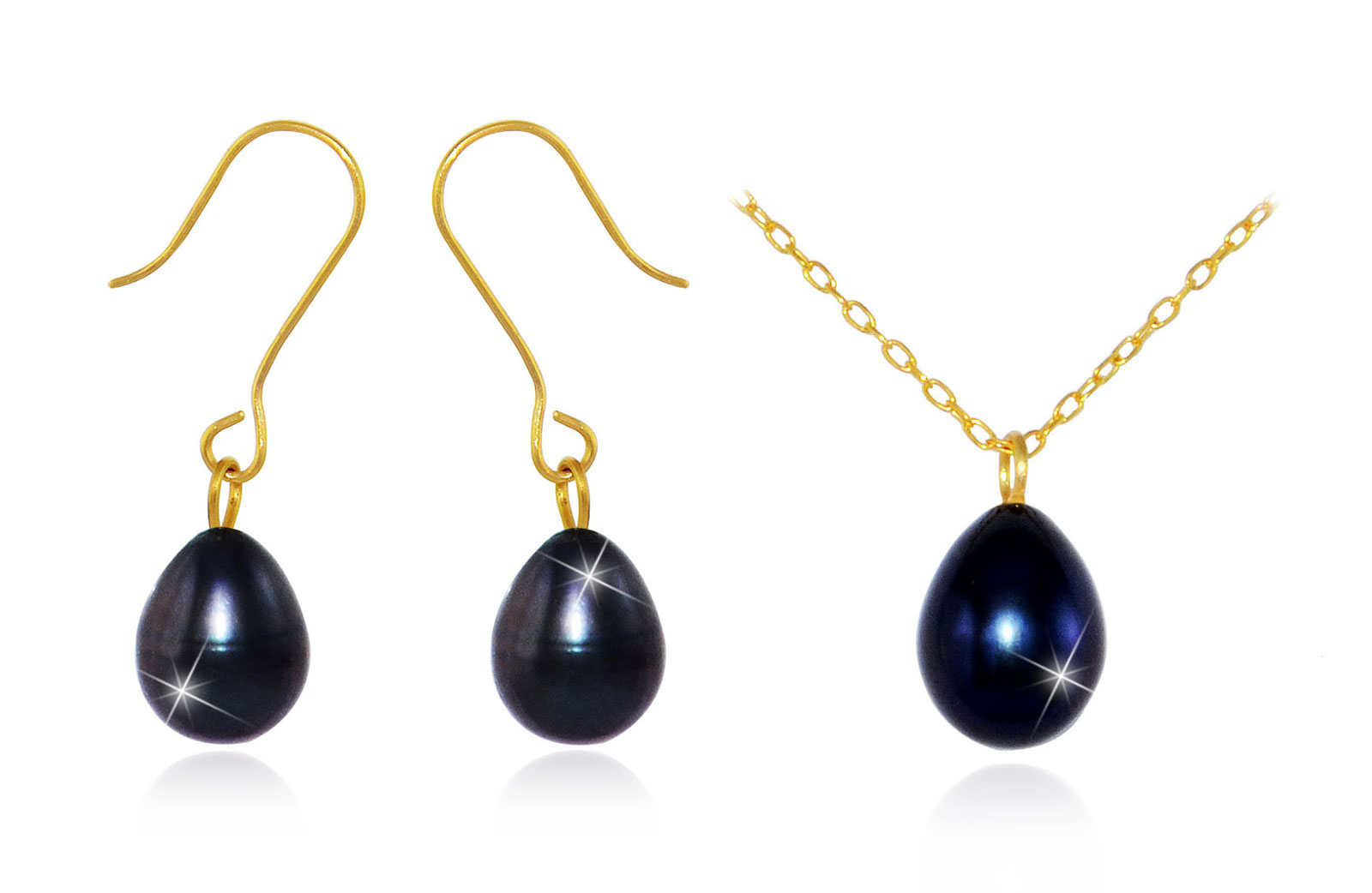 Vera Perla 10K Gold Genuine 7mm Black Drop Pearls Delicate Set