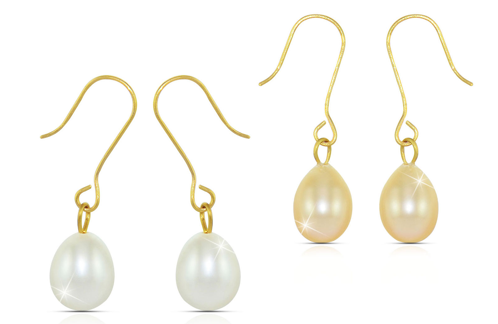 Vera Perla 10K Gold Genuine 7mm White and Peach Pearl Delicate 2 Pairs Earrings