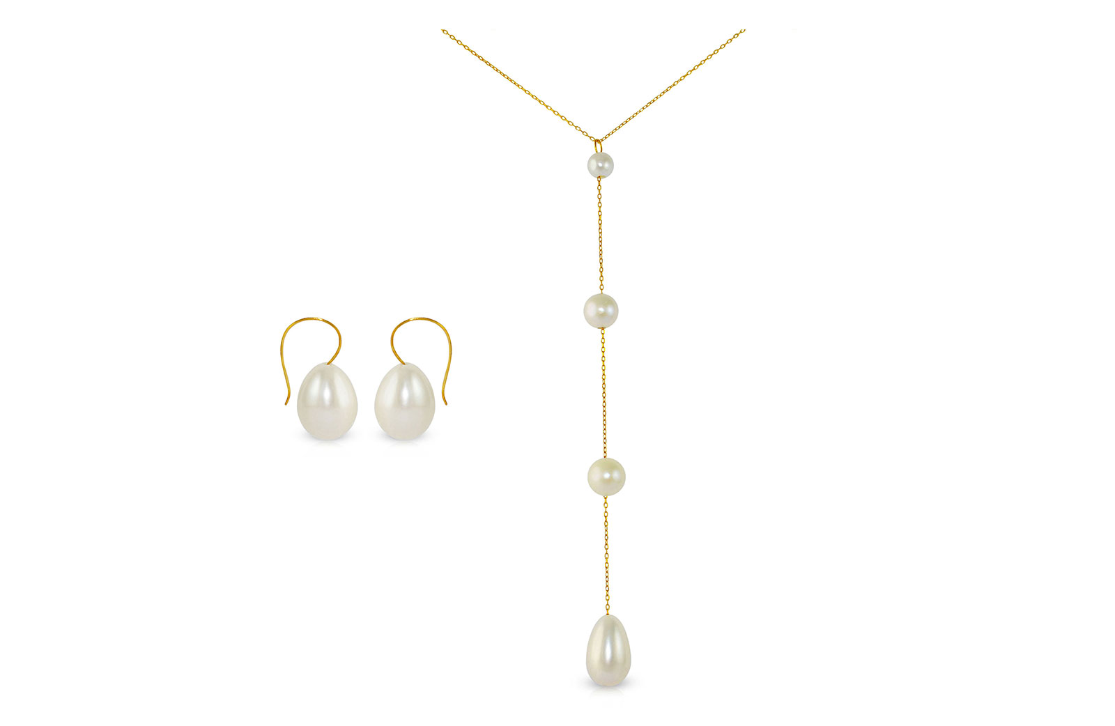 Vera Perla 10K Gold Gradual Built-in with Drop Pearl Necklace & Earrings