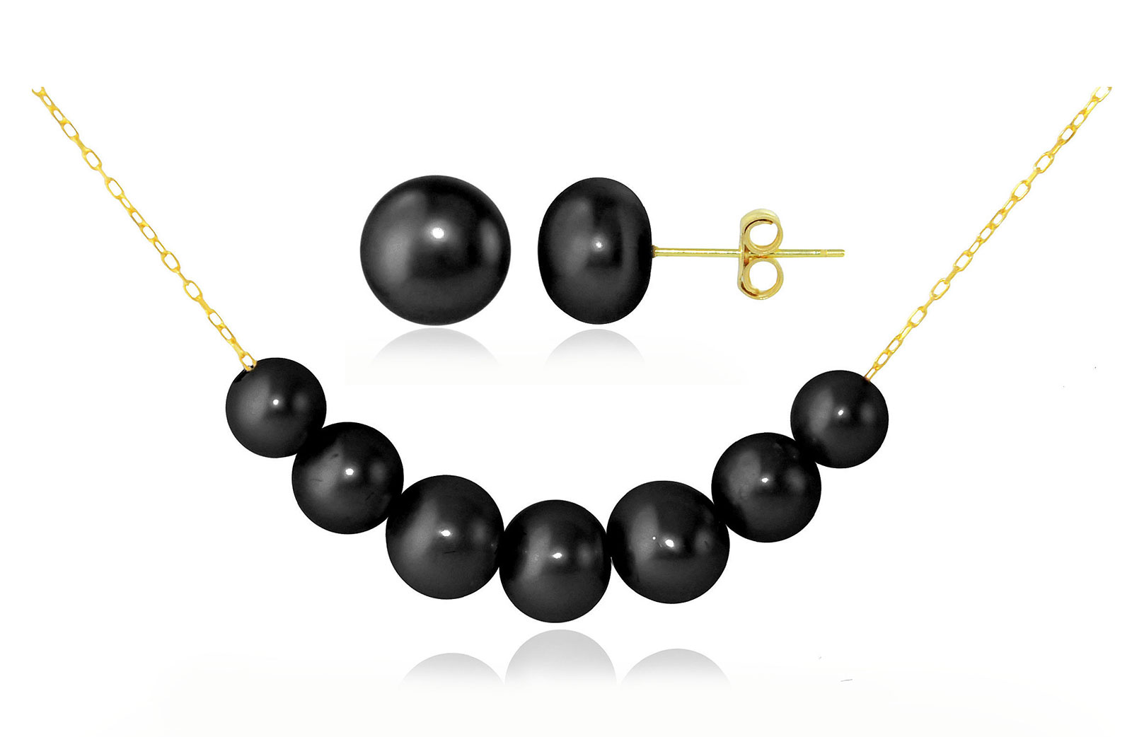 Vera Perla 10k Solid Gold 5-7mm Gradual  Black Pearl Necklace+ 10k Gold 7mm Pearl Earrings 