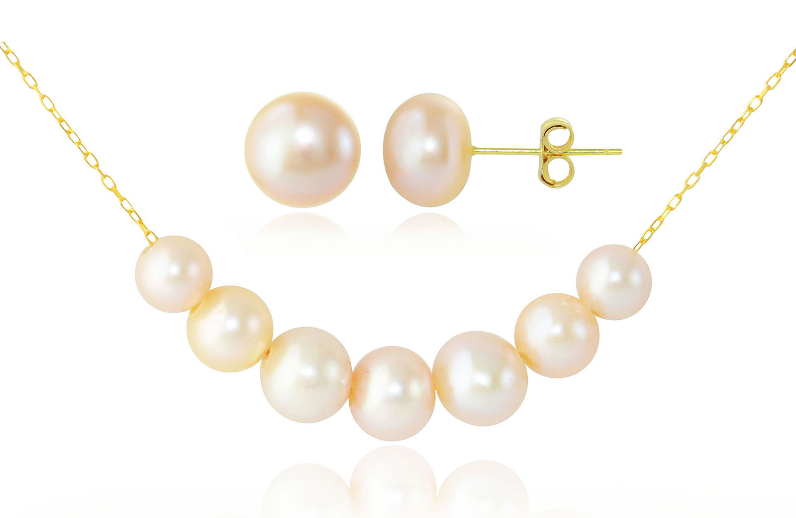 Vera Perla 10k Solid Gold 5-7mm Gradual  Light Pink-Orange Pearl Necklace+ 10k Gold 7mm Pearl Earrings 
