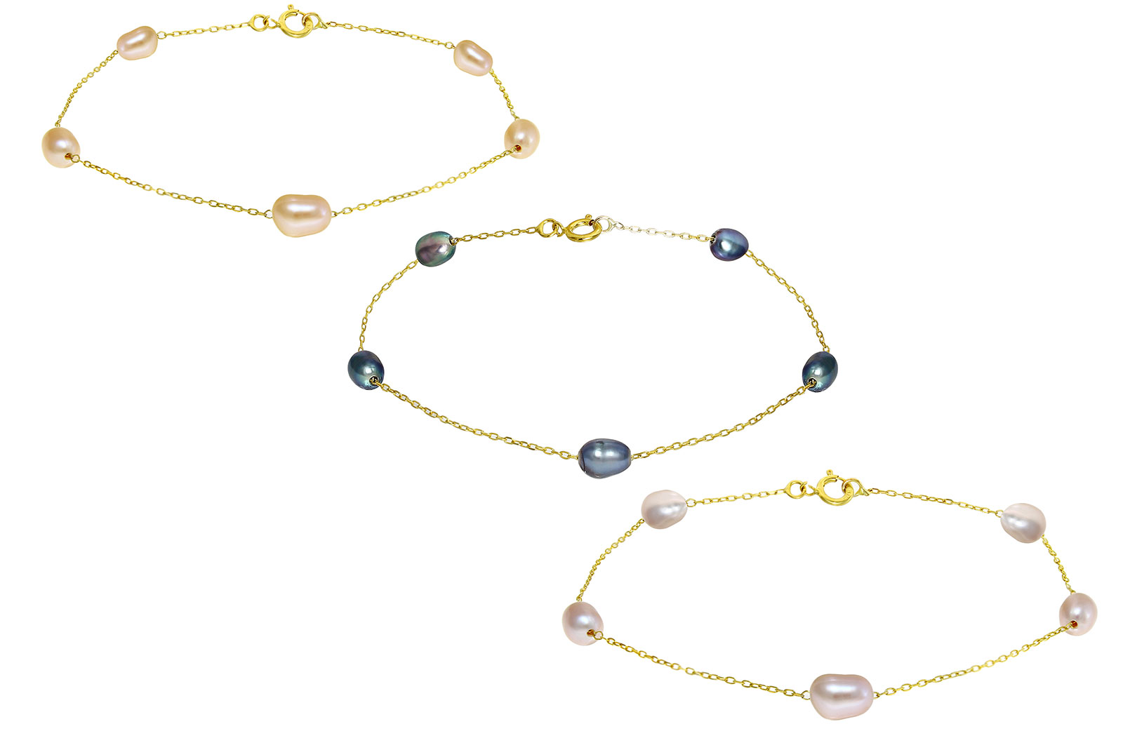 Vera Perla 10k Solid Gold Genuine Pearls 3 Pcs Bracelets 