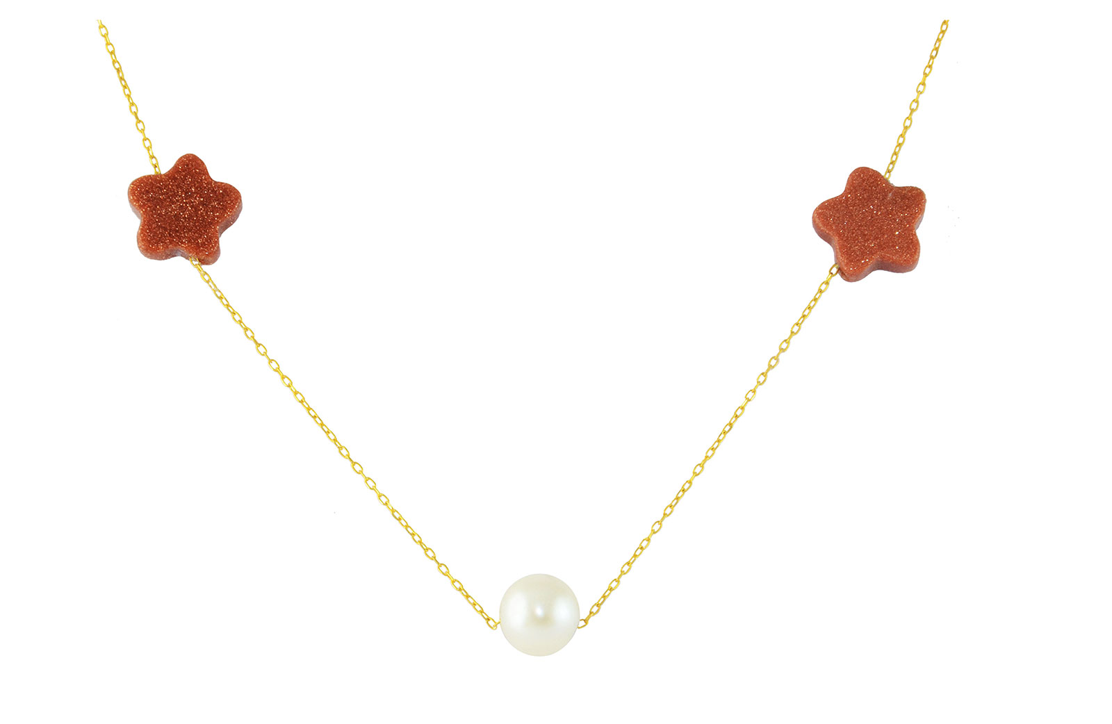 Vera Perla 10K Solid Gold Star Sunstones and Pearl Necklace