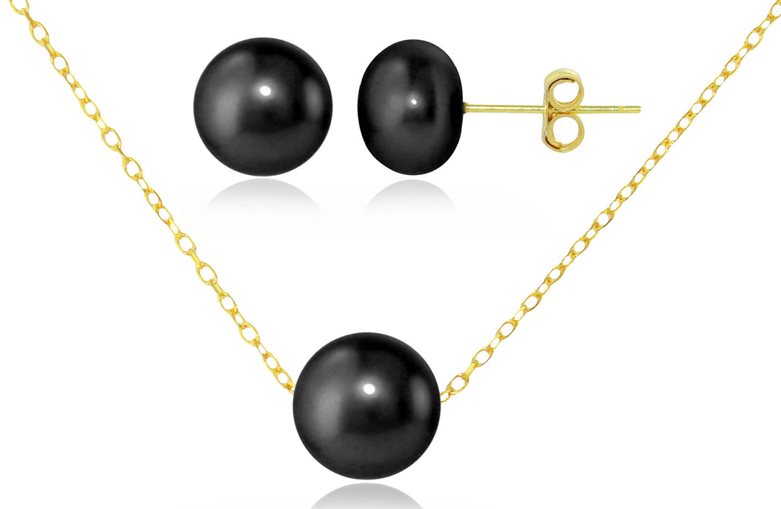 Vera Perla 10k Yellow Simple 7mm Black Pearl  Pendant Necklace and 6-7mm Earrings Set