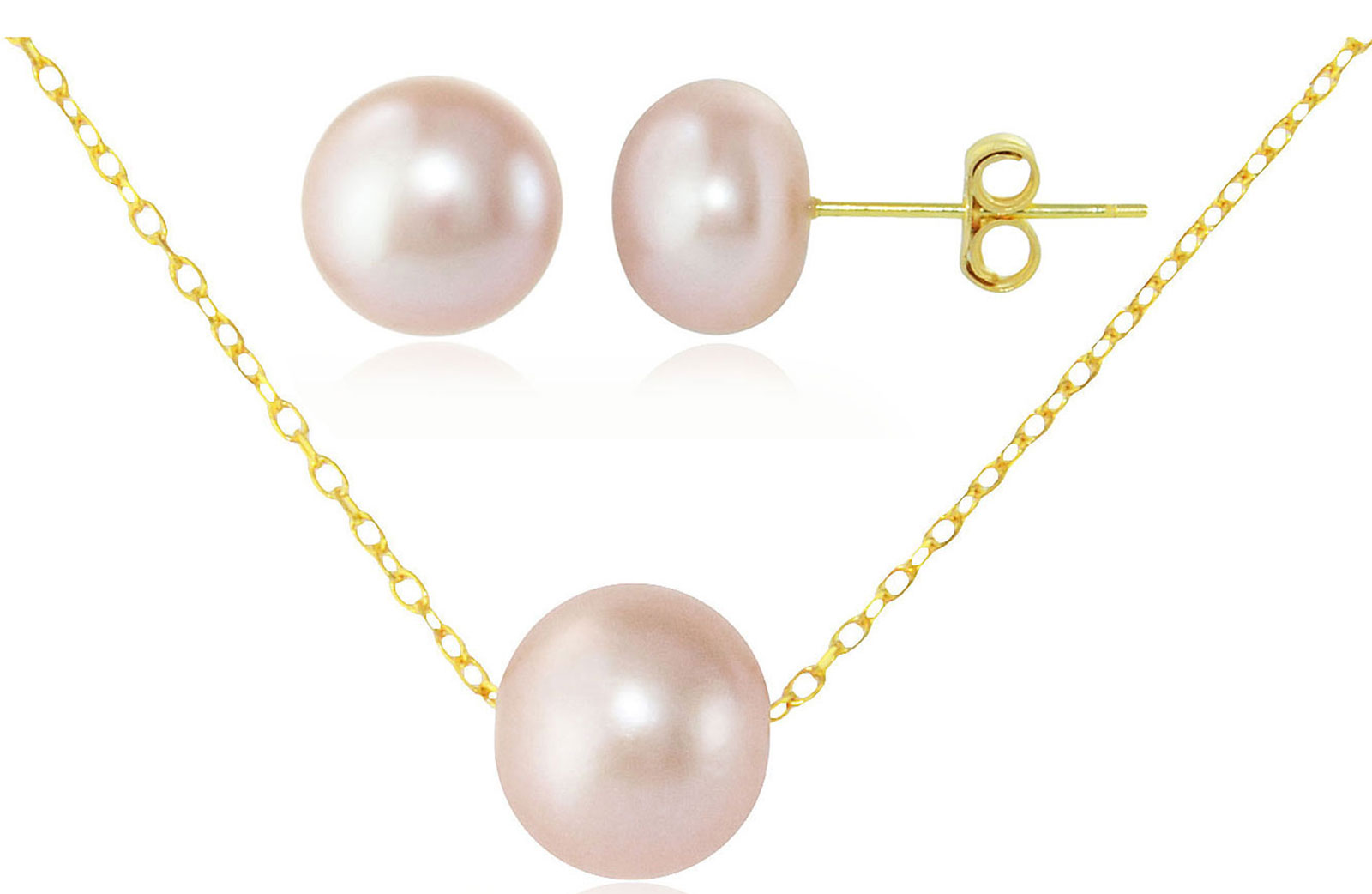 Vera Perla 10k Yellow Simple 7mm Purple Pearl  Pendant Necklace and 6-7mm Earrings Set