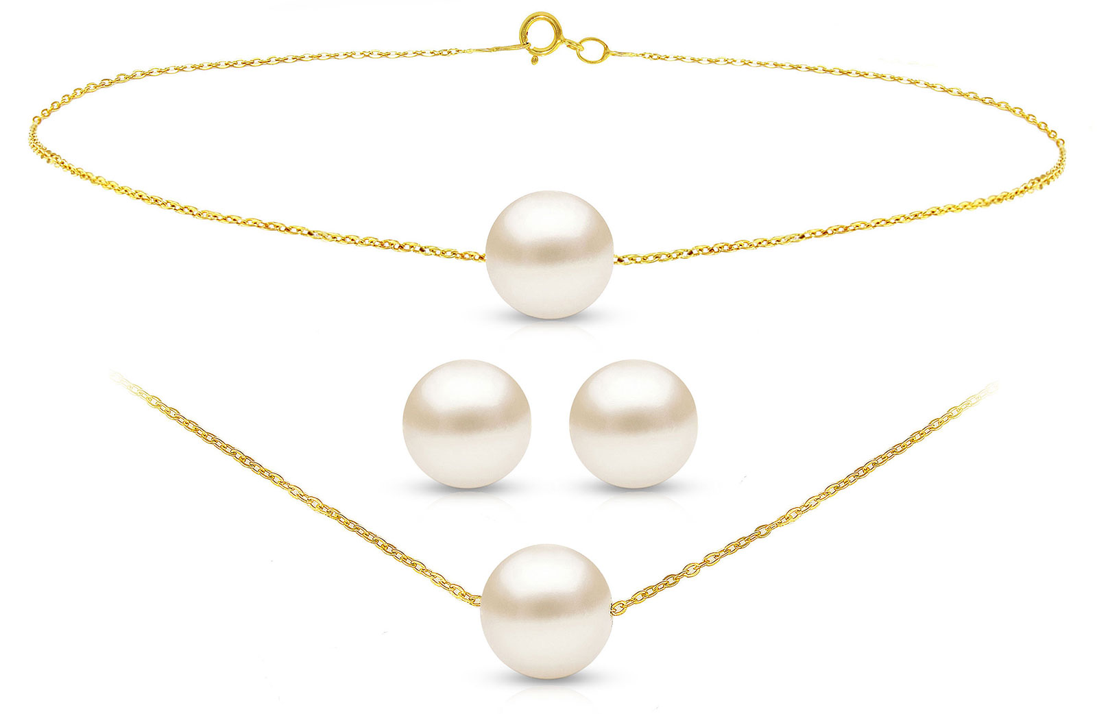 Vera Perla 10K Yellow Simple 7mm White Pearl  Necklace, Bracelet and Earrings Set