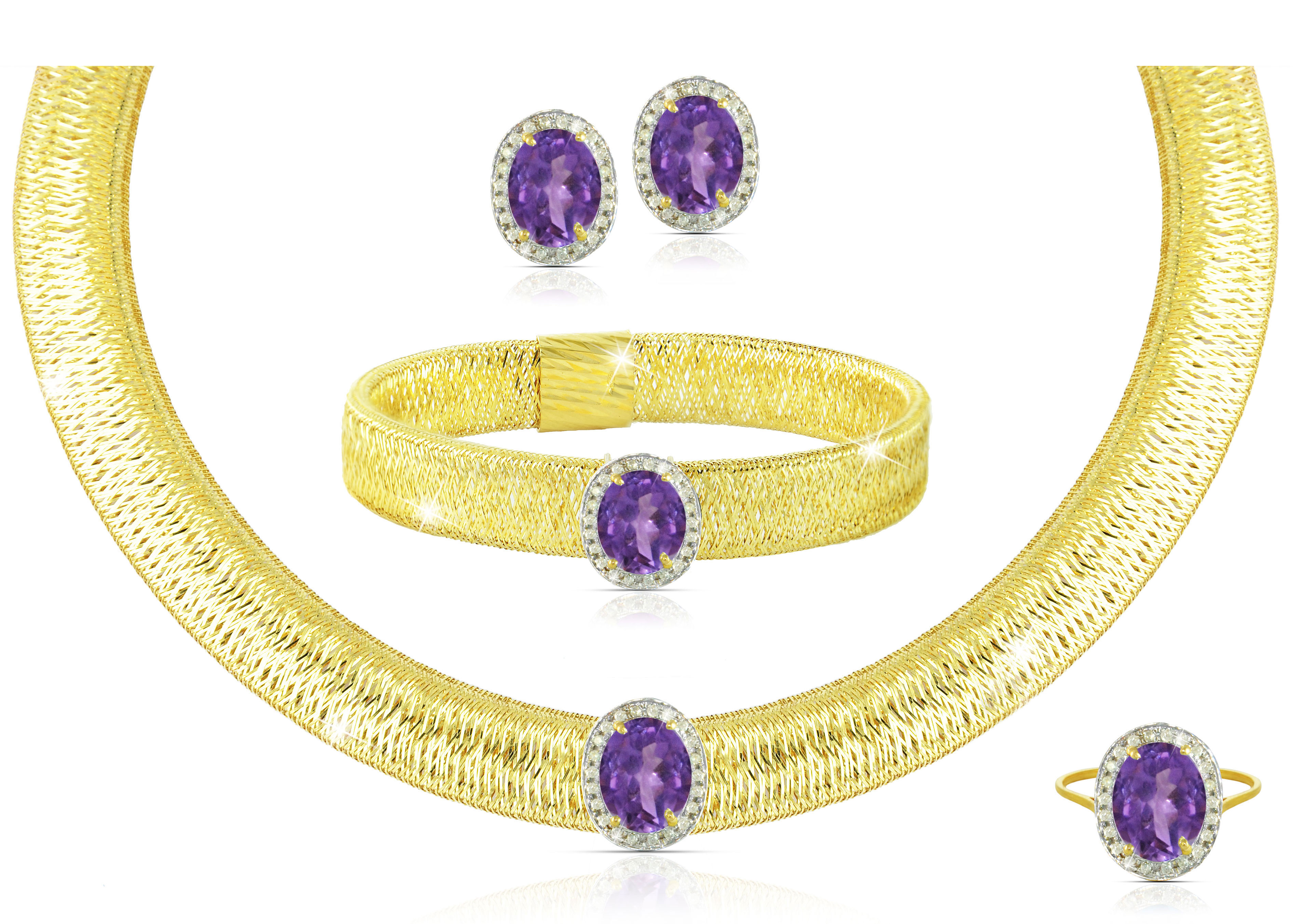 Vera Perla 18k  Gold 10mm Genuine Oval Cut Amethyst 0.64Ct Genuine Diamonds Jewelry Set, 4 pcs
