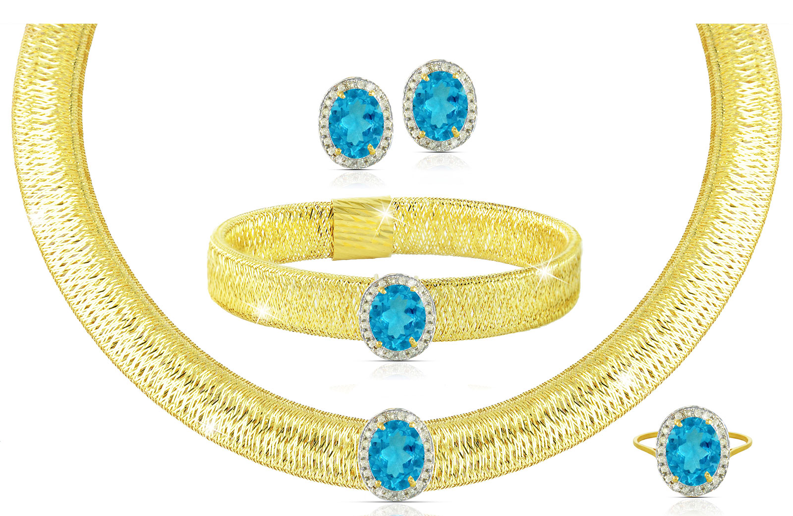 Vera Perla 18k  Gold 10mm Genuine Oval Cut Swiss Blue Topaz 0.64Ct Genuine Diamonds Jewelry Set, 4 pcs