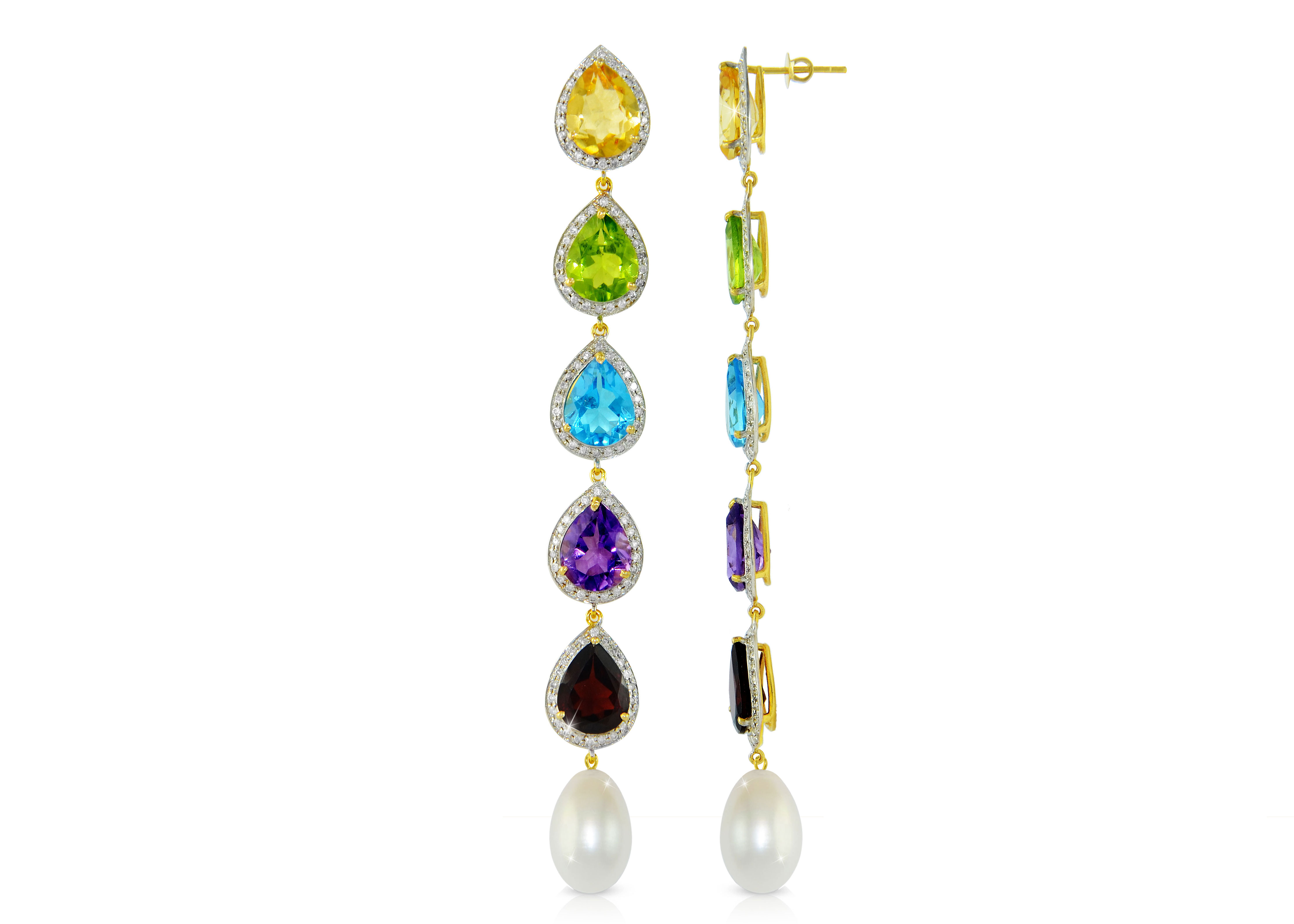 Vera Perla 18K  Gold 1.28Ct Genuine Diamonds and Multi-Gemstones and 13mm Pearls Earrings