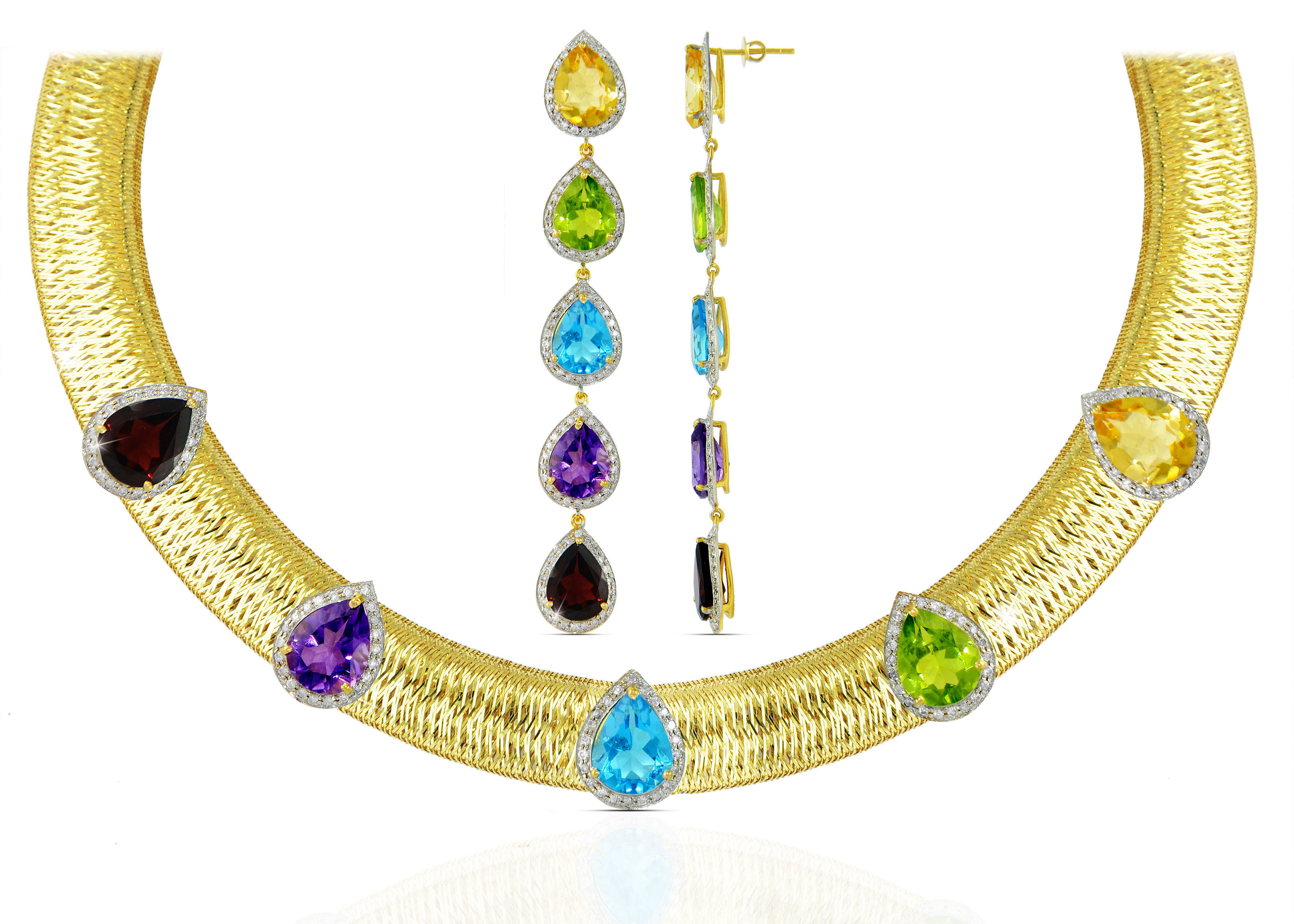 Vera Perla 18K  Gold 1.92Ct Genuine Diamonds and Multi-Gemstones Jewelry Set, 2 pcs