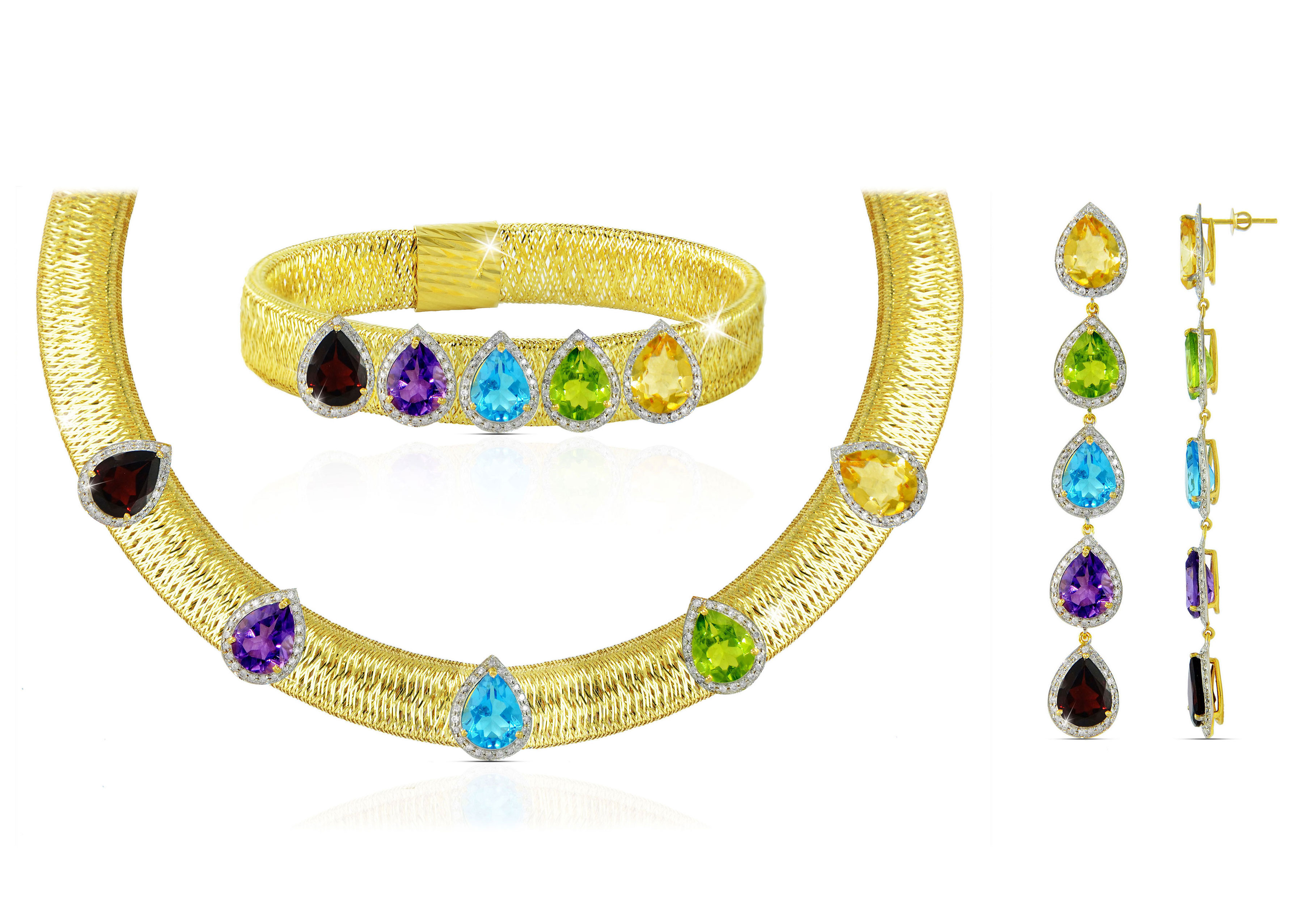 Vera Perla 18K  Gold 2.56Ct Genuine Diamonds and Multi-Gemstones Jewelry Set, 3 pcs