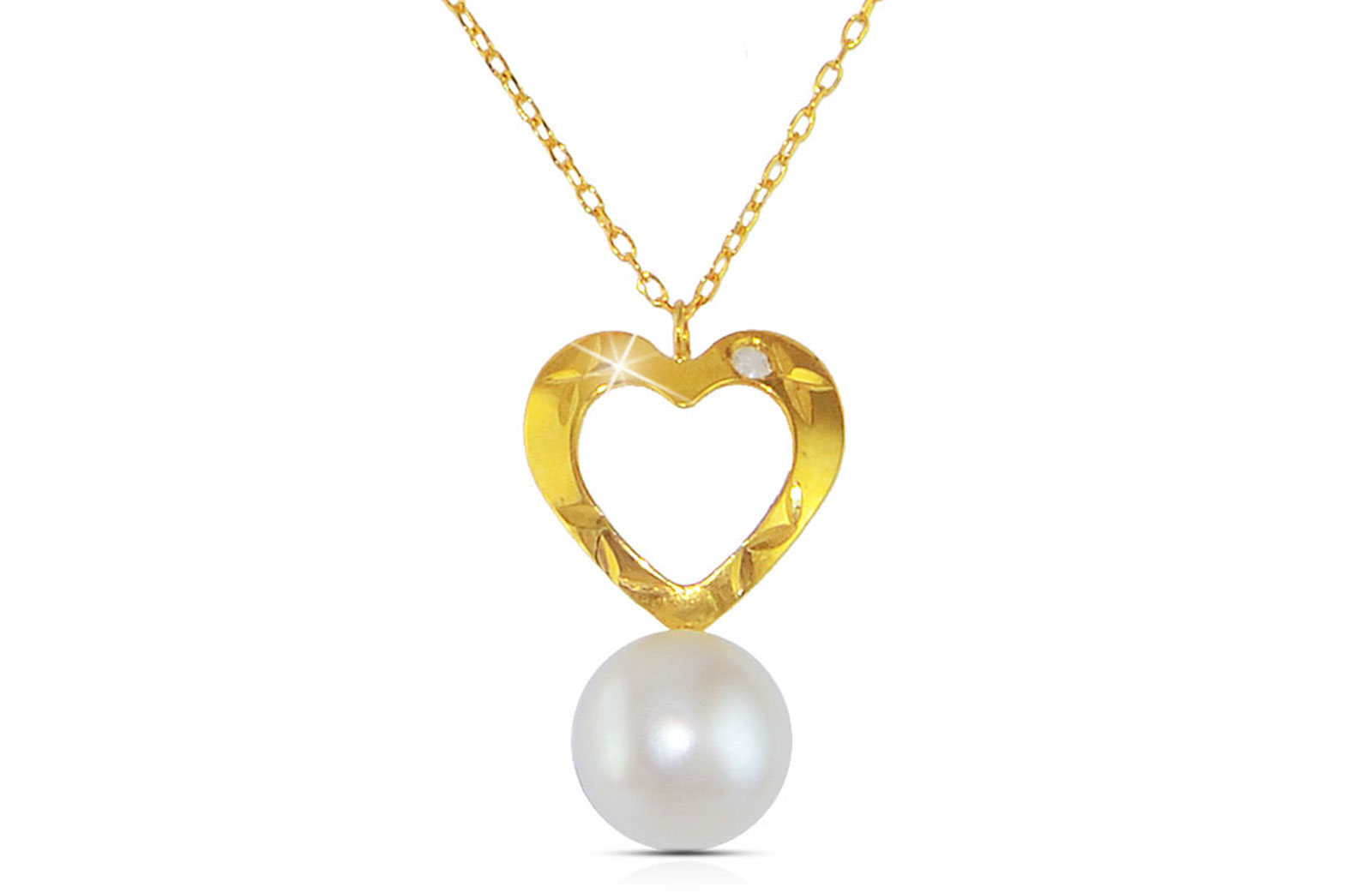 Vera Perla 18K Gold  Diamond and Pearl Heart Pendant with 10K Gold Chain