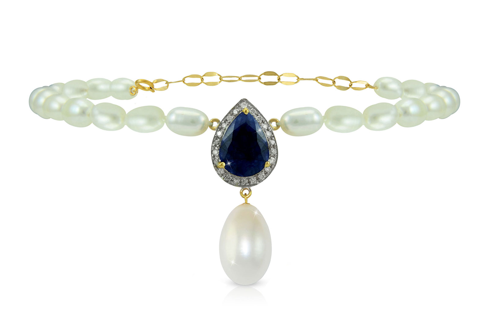 Vera Perla 18K Gold 0.12ct Diamonds, Royal Indian Sapphire and 13mm Pearl Bracelet