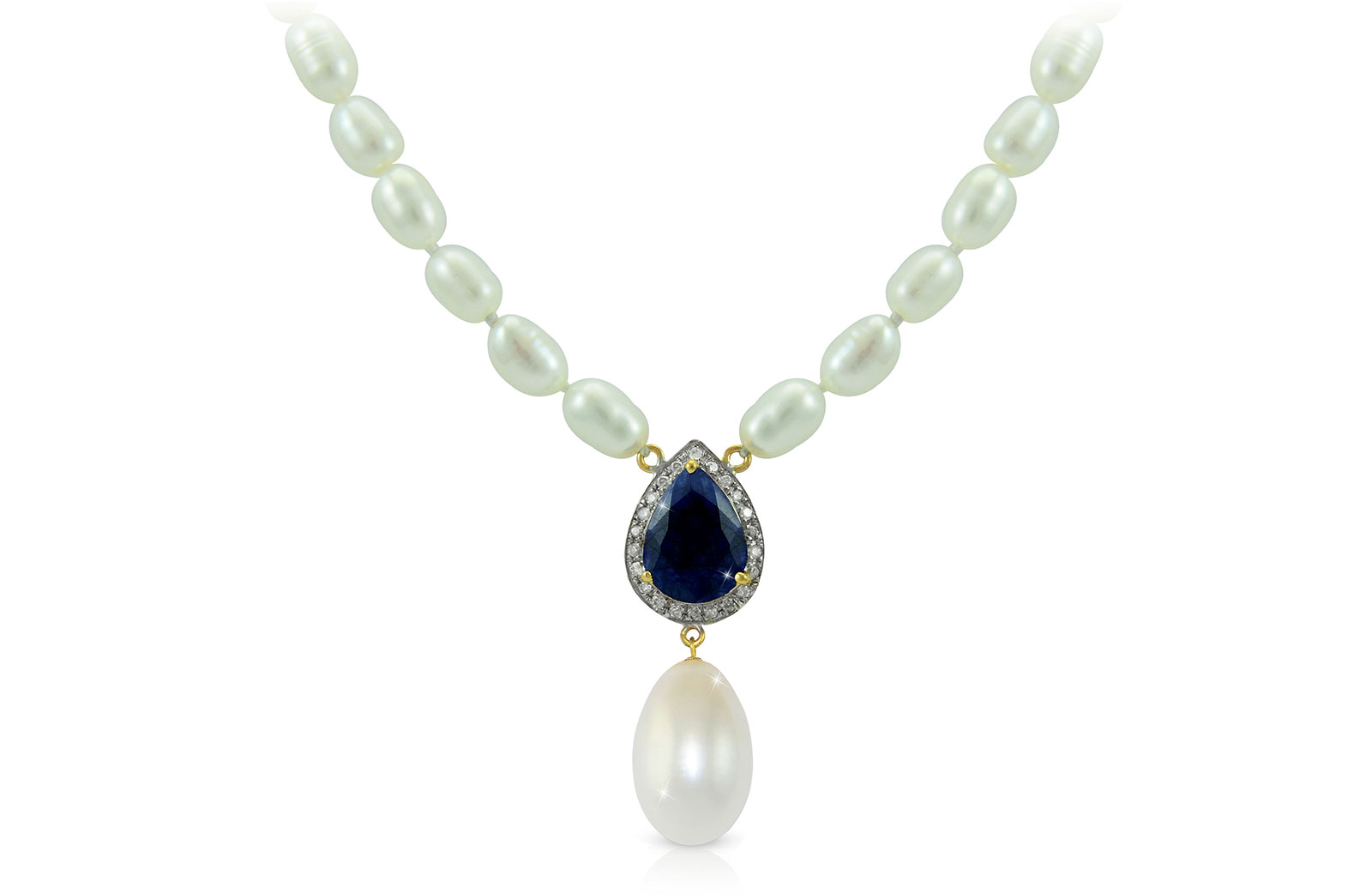 Vera Perla 18K Gold 0.12ct Diamonds, Royal Indian Sapphire and 13mm Pearl Necklace