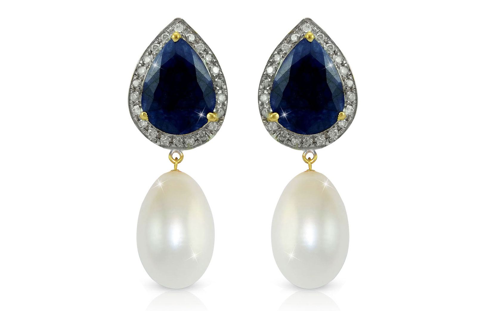 Vera Perla 18K Gold 0.24ct Diamonds, Royal Indian Sapphire and 13mm Pearl Earrings