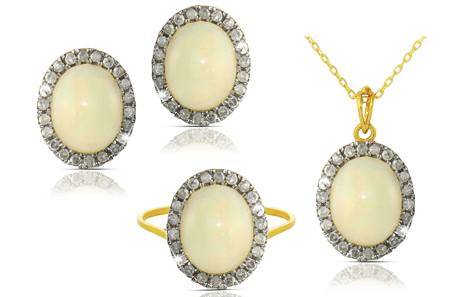 Vera Perla 18k Gold, 0.88Cts Diamonds, Oval Opal (3 pcs) Jewelry Set