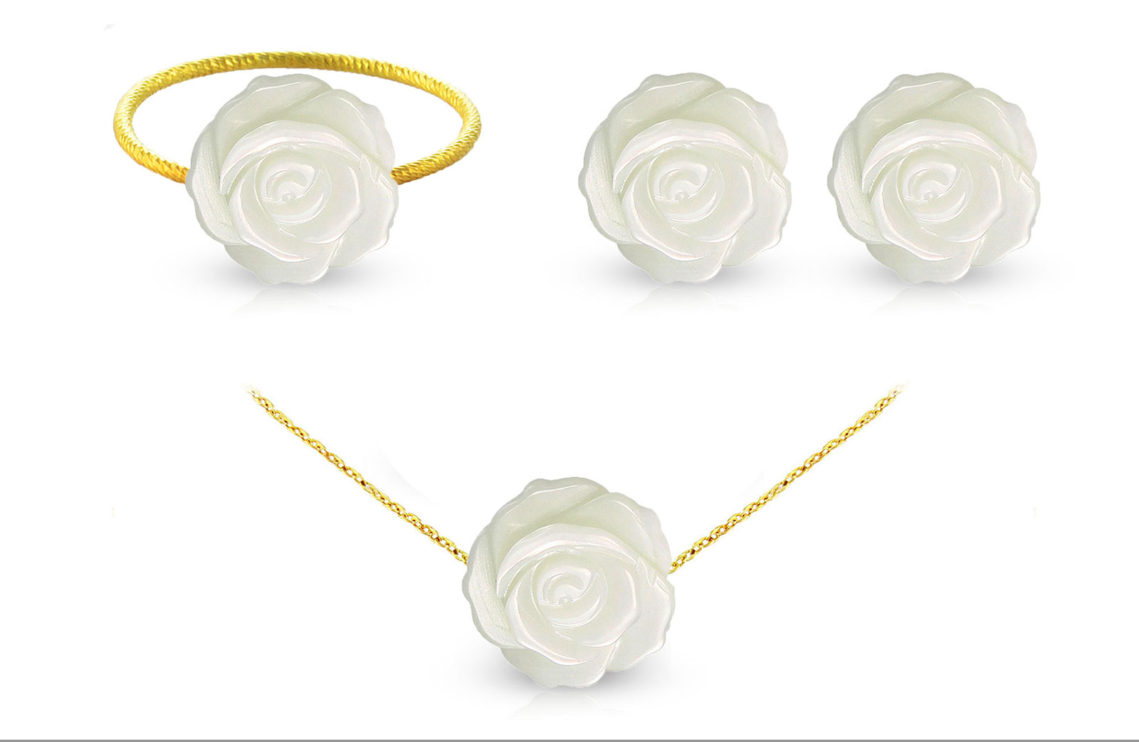 Vera Perla 18k Gold, 12mm Rose Carved Mother of Pearl 3 pcs Jewelry Set