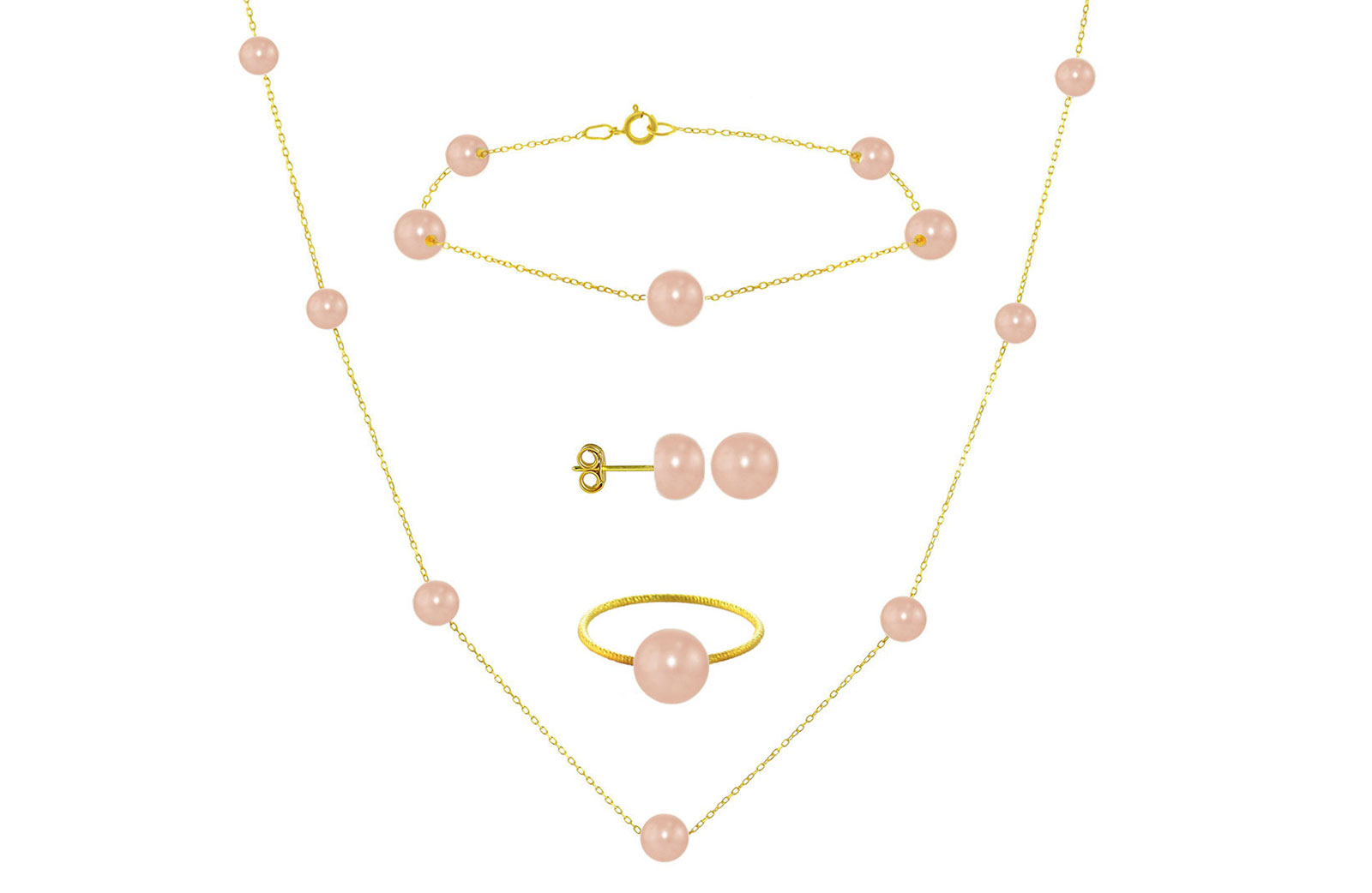 Vera Perla 18K Gold 5-7mm Gradual Built-in Pink Pearls Jewelry Set 4 Pcs