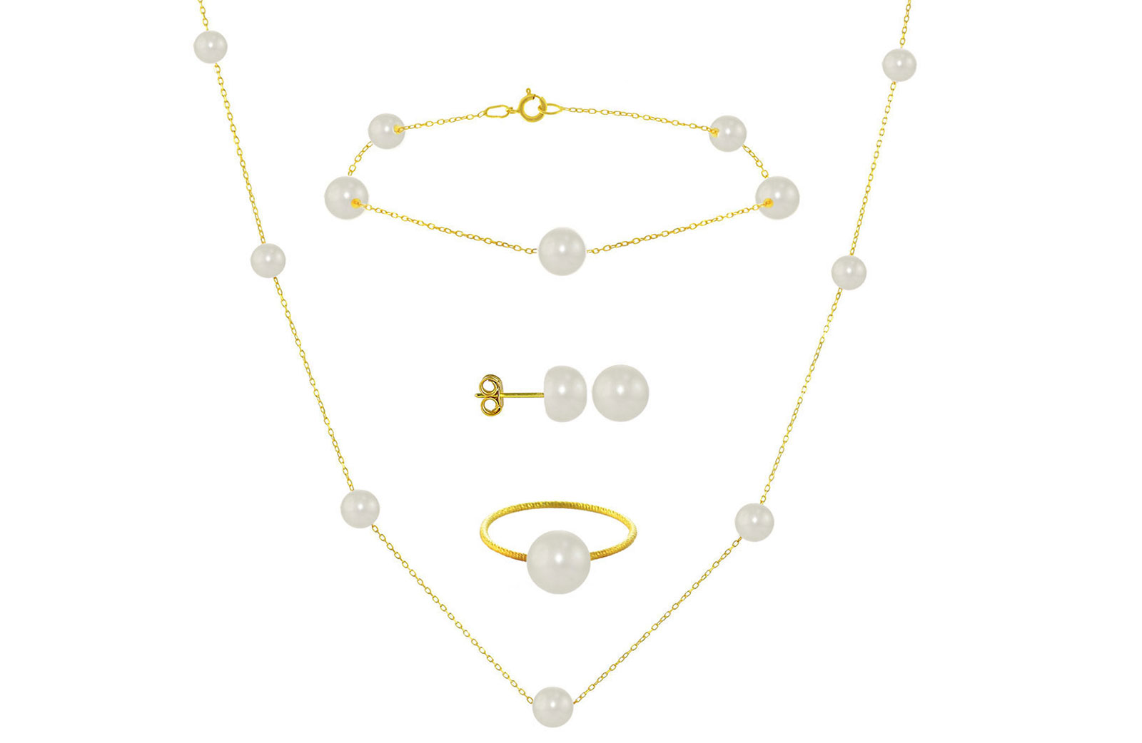 Vera Perla 18K Gold 5-7mm Gradual Built-in White Pearls Jewelry Set 4 Pcs