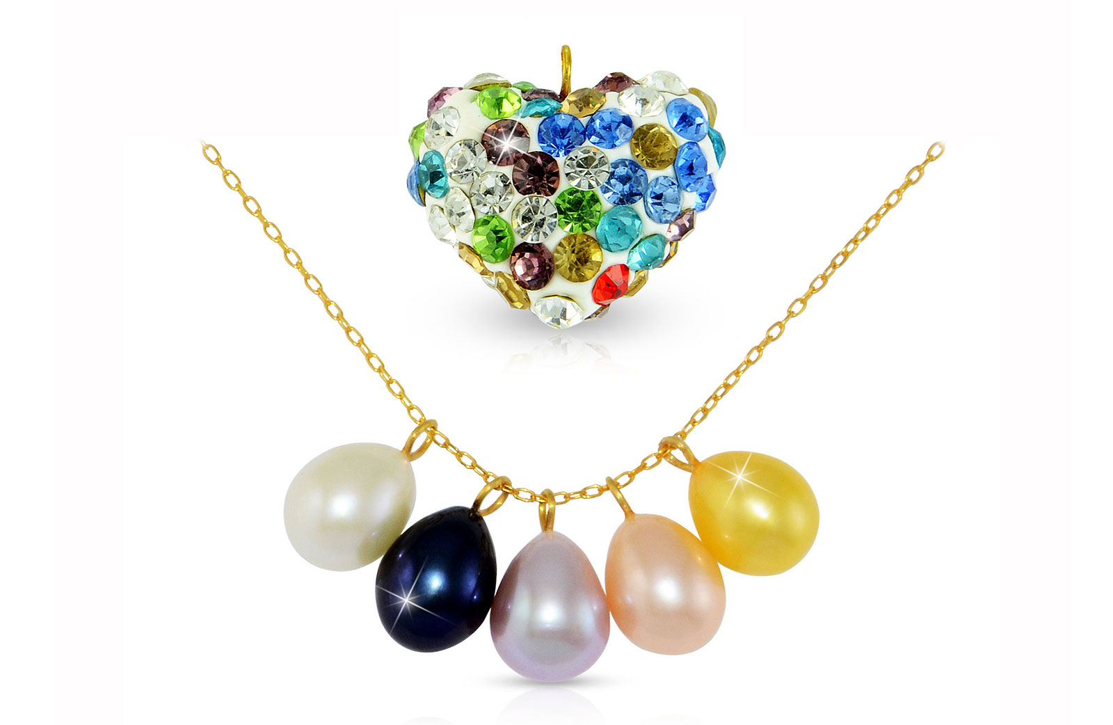 Vera Perla 18K Gold 5-in-1 Pearl Necklace with Crystal Heart Pendant