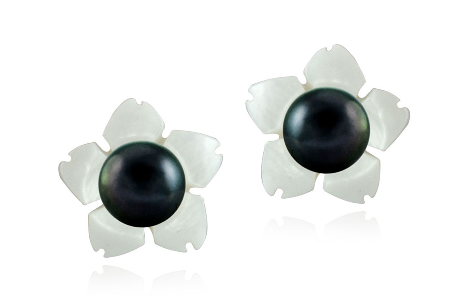 Vera Perla 18k Gold, 7mm Black Pearl Flower Shell Screw Back Earrings