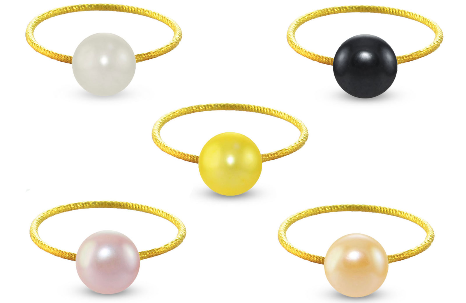 Vera Perla 18k Gold, 7mm Multicolor Pearls 5 pcs Rings Set