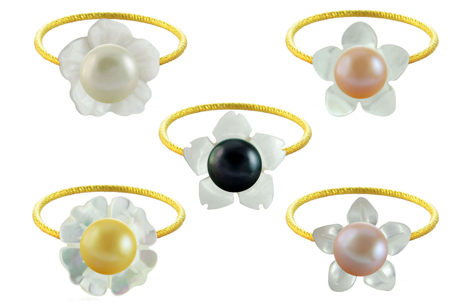 Vera Perla 18k Gold, 7mm Pearl Flower Shell 5 pcs Rings Set