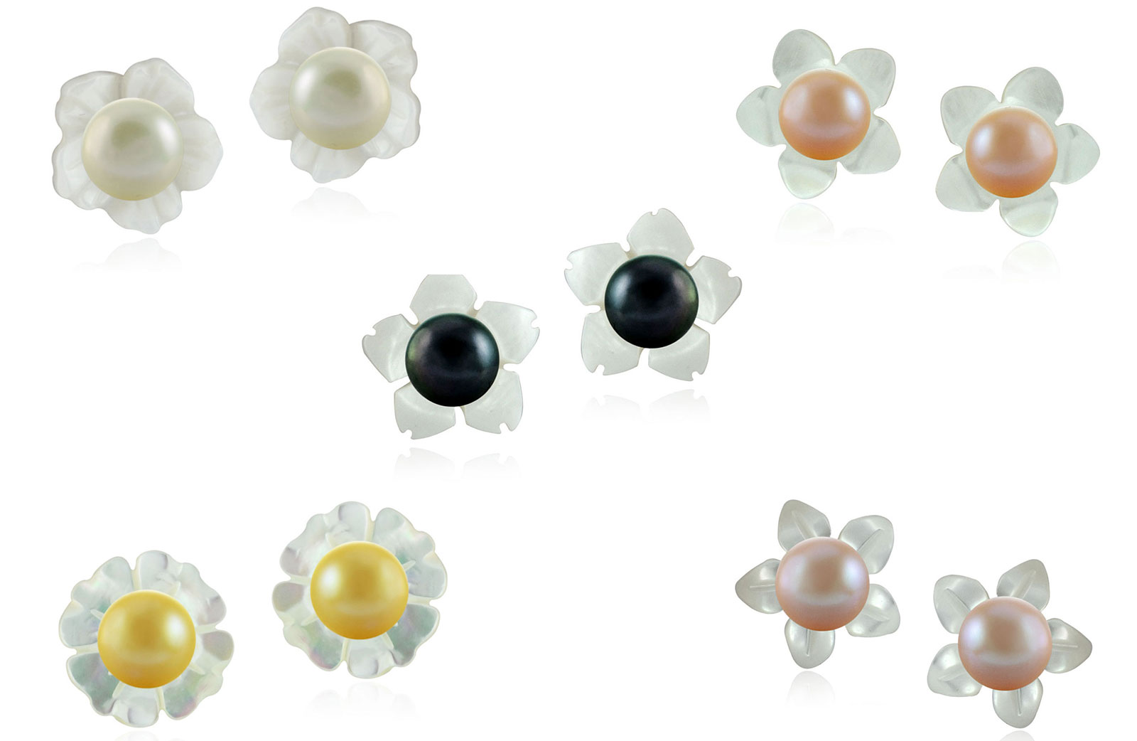 Vera Perla 18k Gold, 7mm Pearl Flower Shell 5 pcs Screw Back Earrings Set