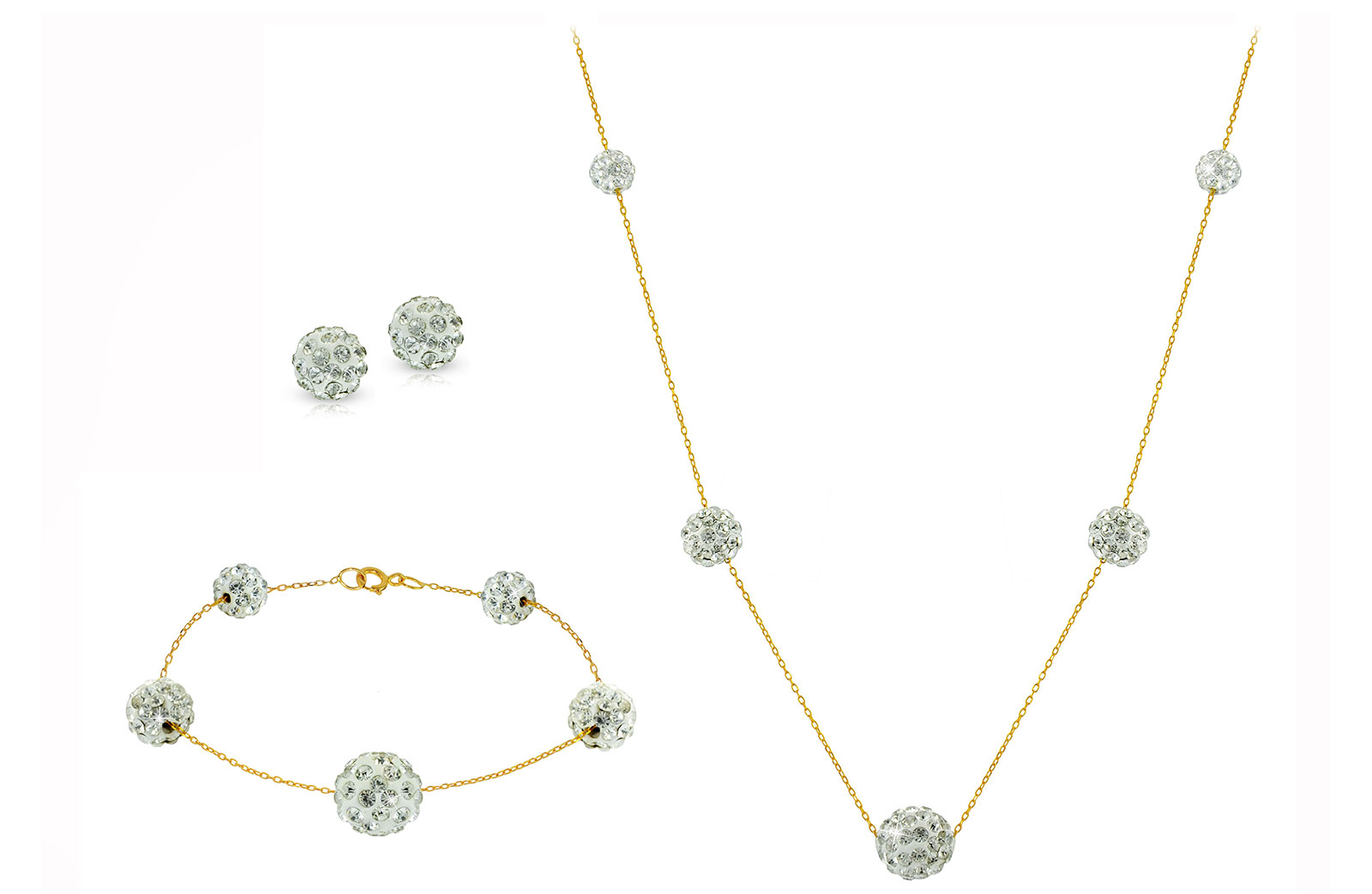 Vera Perla 18k Gold Built-in Crystal Ball Bracelet, Necklace & Earrings