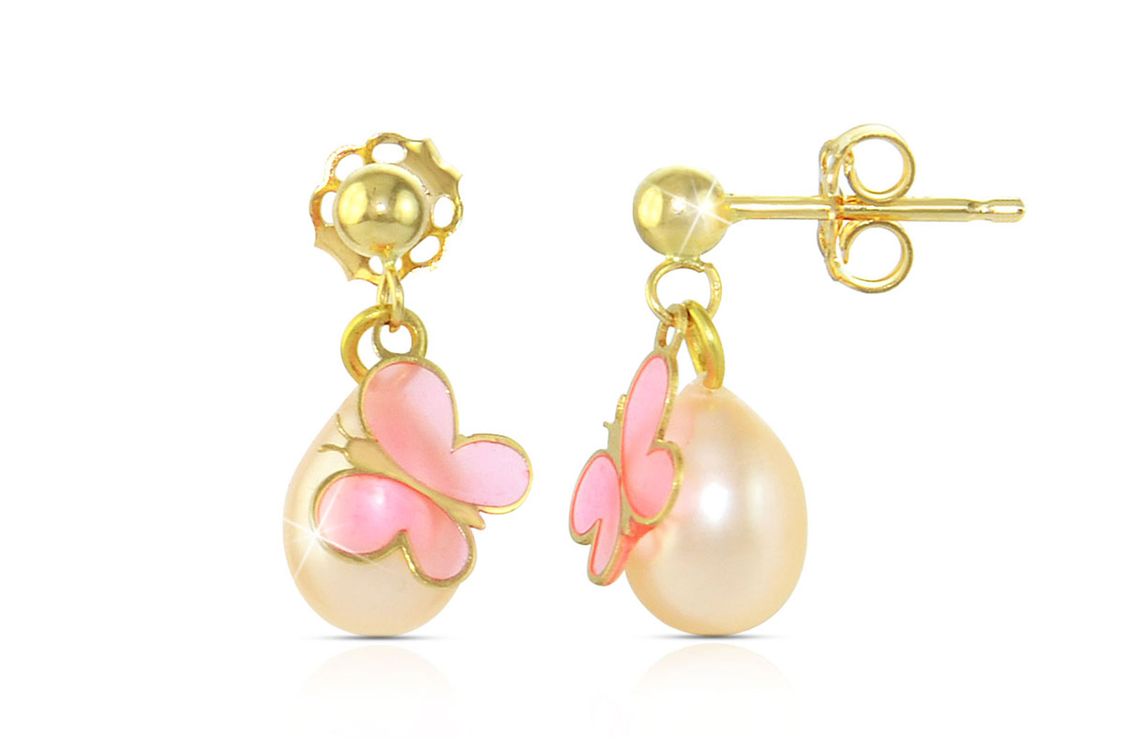Vera Perla 18K Gold Butterflies and Genuine  7mm Pink Pearl  Earrings