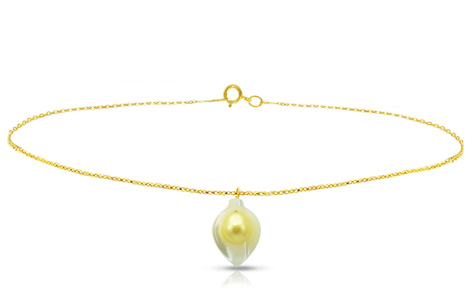 Vera Perla 18K Gold Calla Lily Mother of Pearl with 7mm Golden Pearl Bracelet