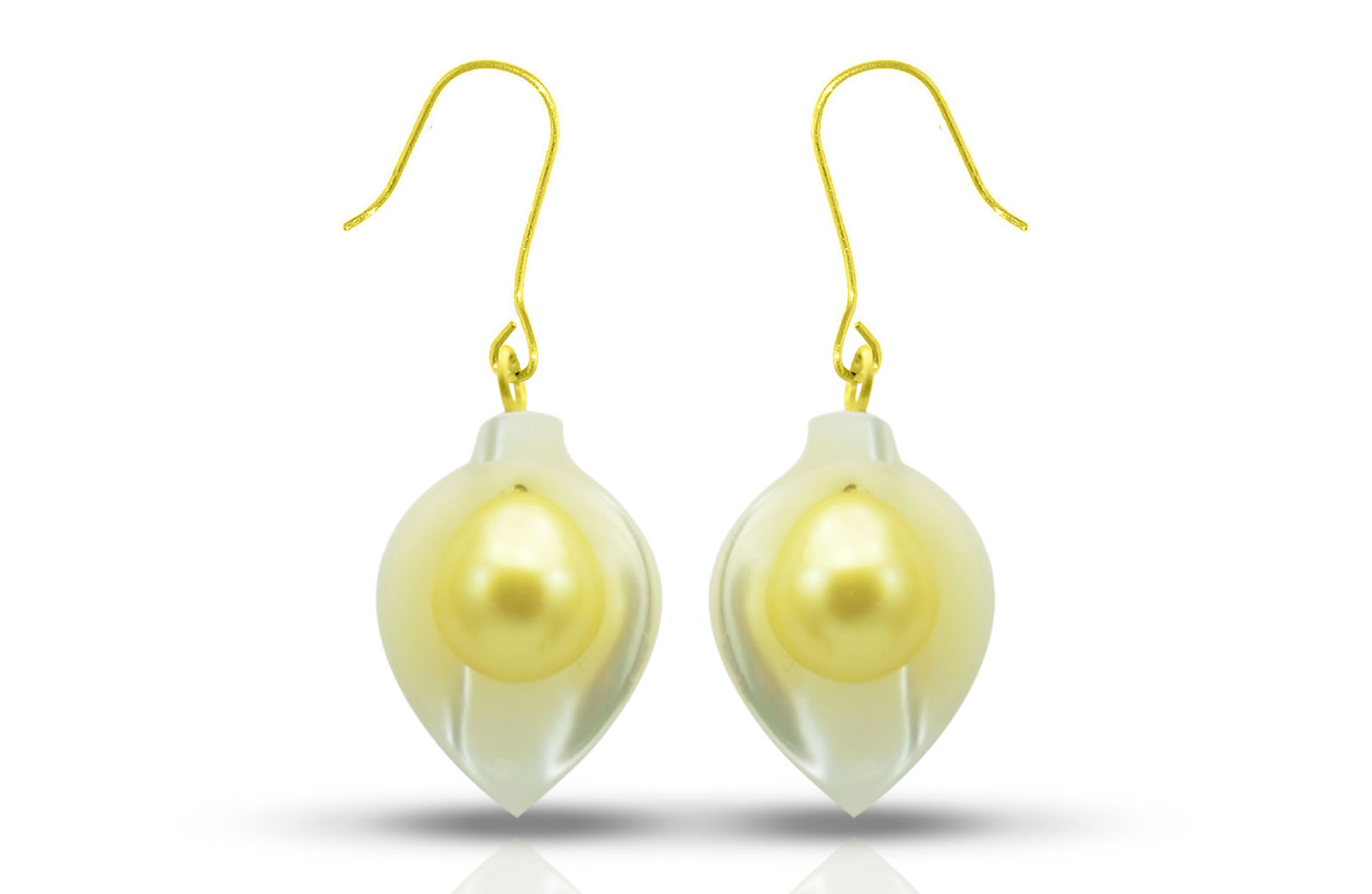 Vera Perla 18K Gold Calla Lily Mother of Pearl with 7mm Golden Pearl Earrings