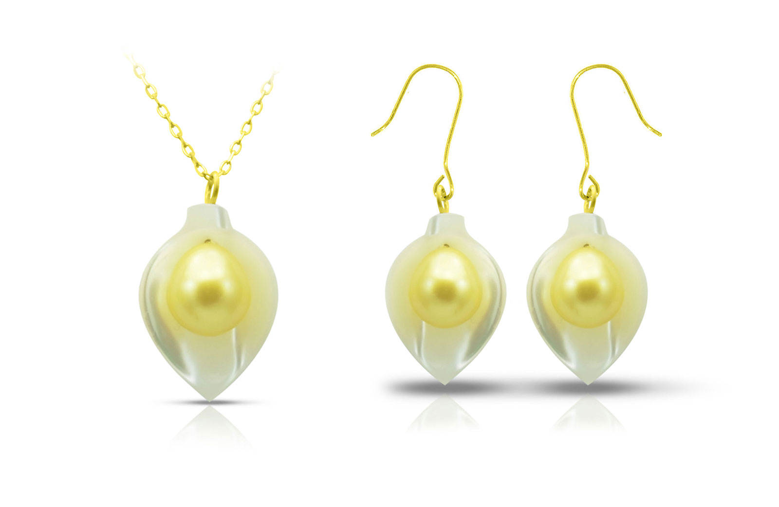 Vera Perla 18K Gold Calla Lily Mother of Pearl with 7mm Golden Pearl Jewelry Set - 2 pcs.