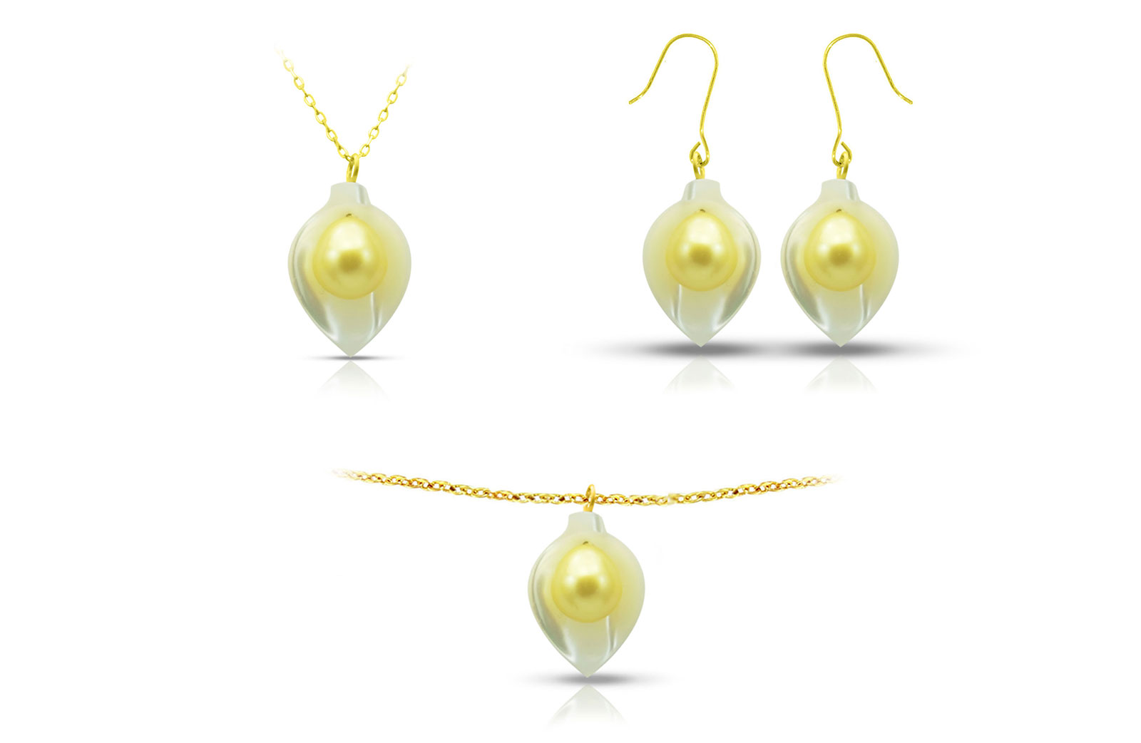 Vera Perla 18K Gold Calla Lily Mother of Pearl with 7mm Golden Pearl Jewelry Set - 3 pcs.