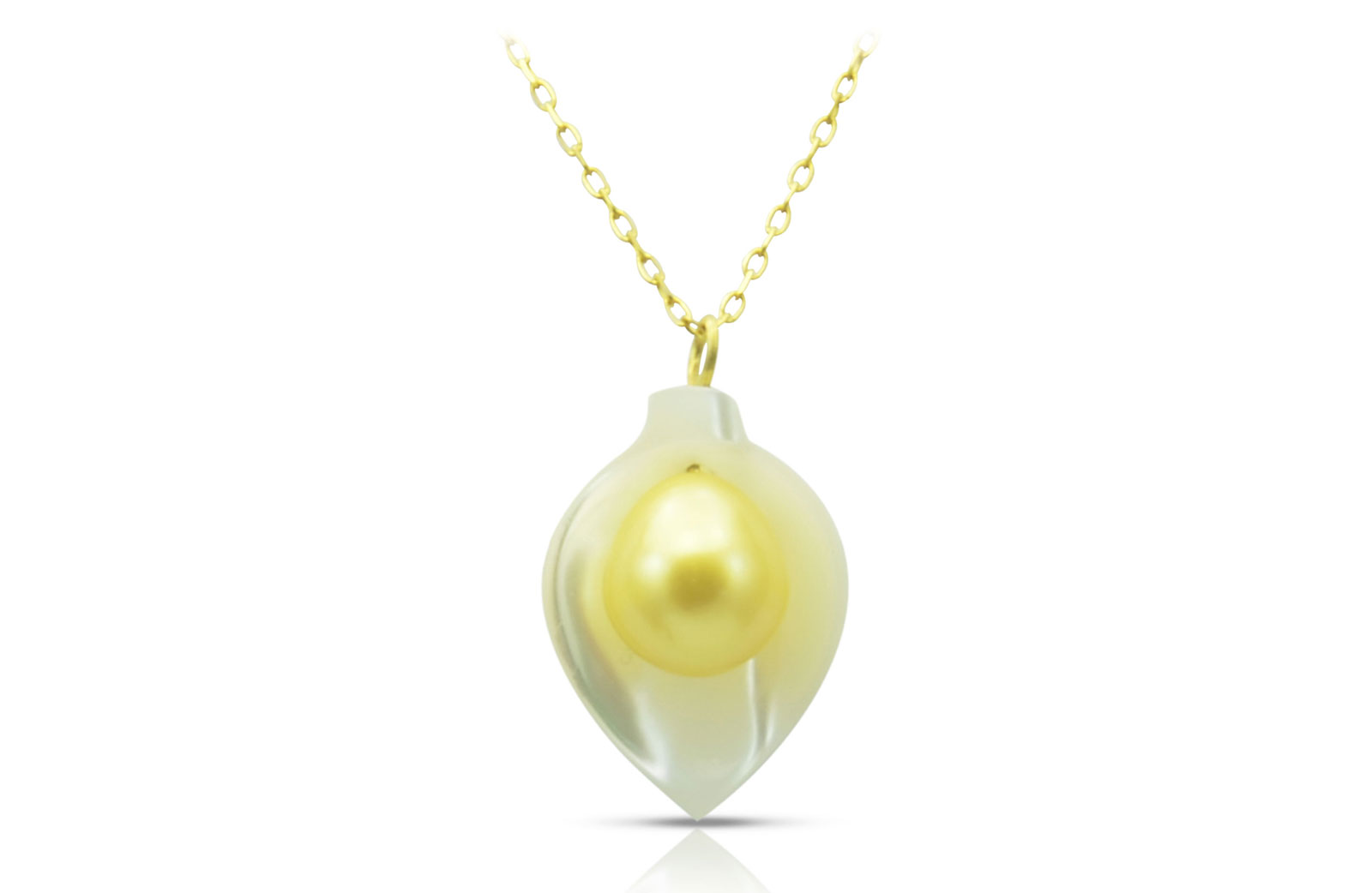 Vera Perla 18K Gold Calla Lily Mother of Pearl with 7mm Golden Pearl Necklace