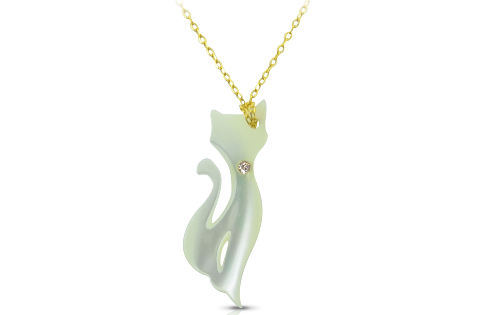 Vera Perla 18K Gold Cat with Crystal Mother of Pearl Necklace